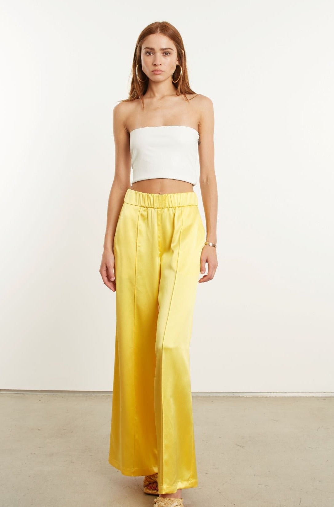 YELLOW SILK WIDE LEG PINTUCK PANTS - 4