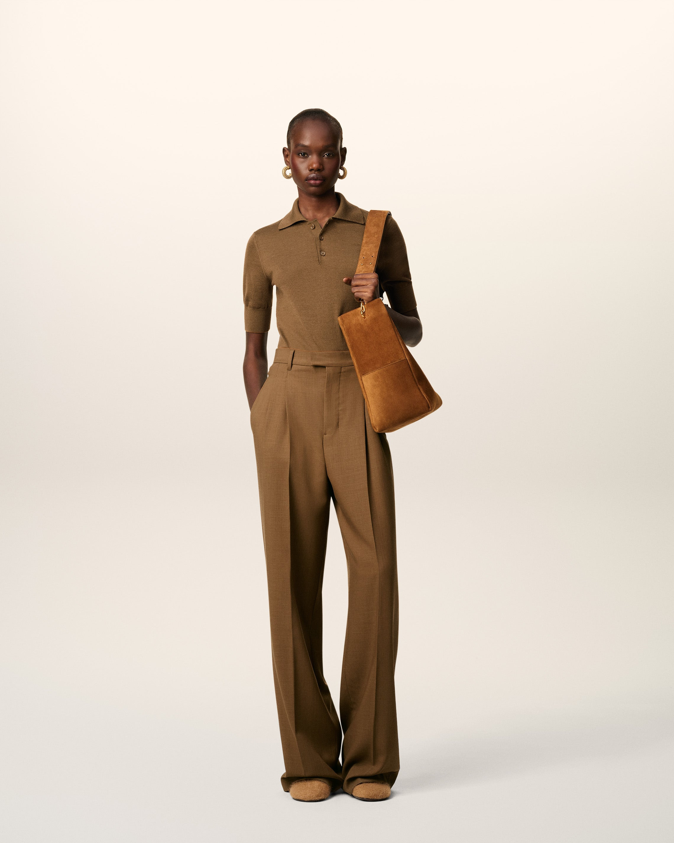 BROWN WOOL HIGH WAIST TABS WIDE TROUSERS - 2