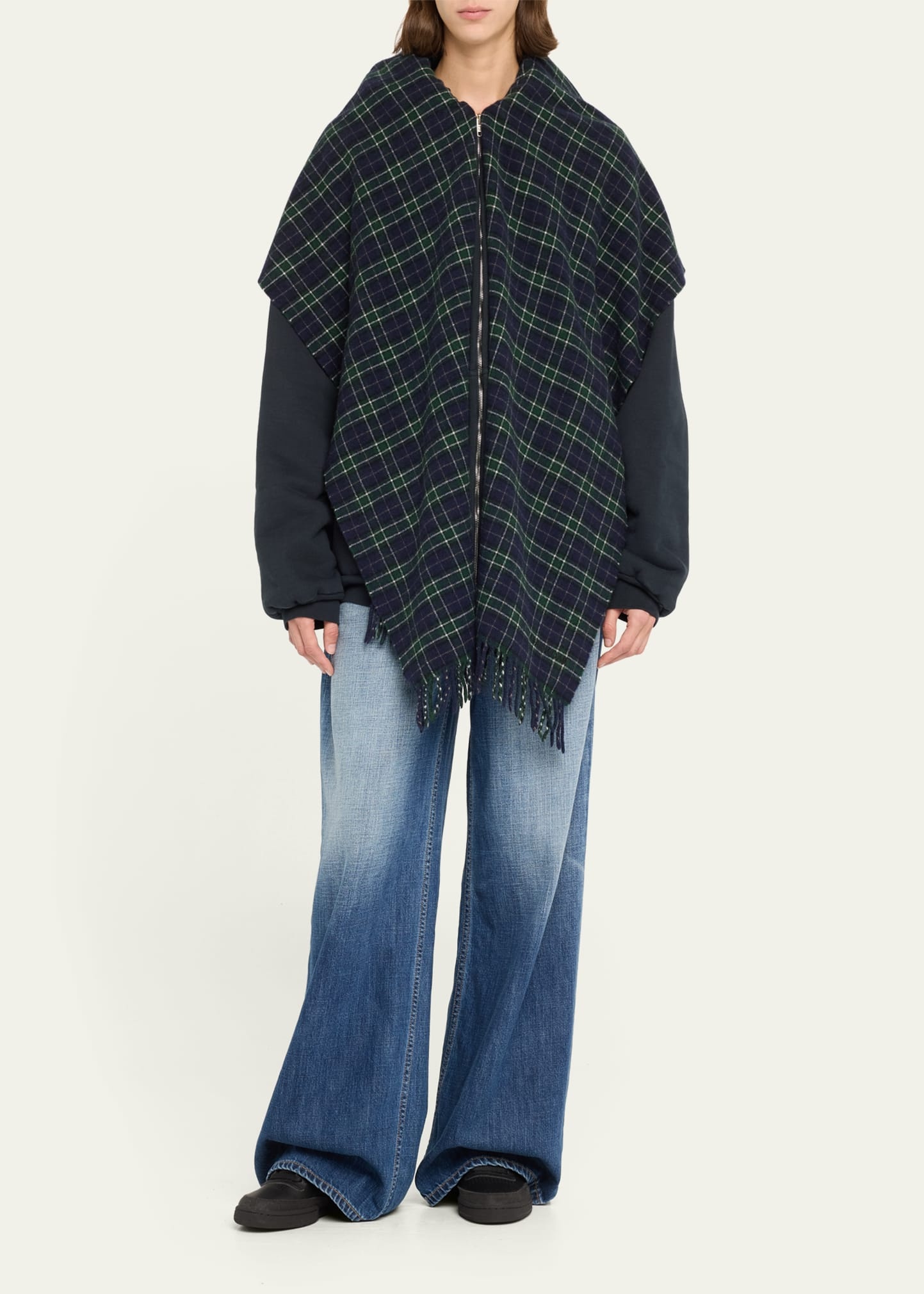 Oversized Plaid Scarf Zip Up Hoodie - 2