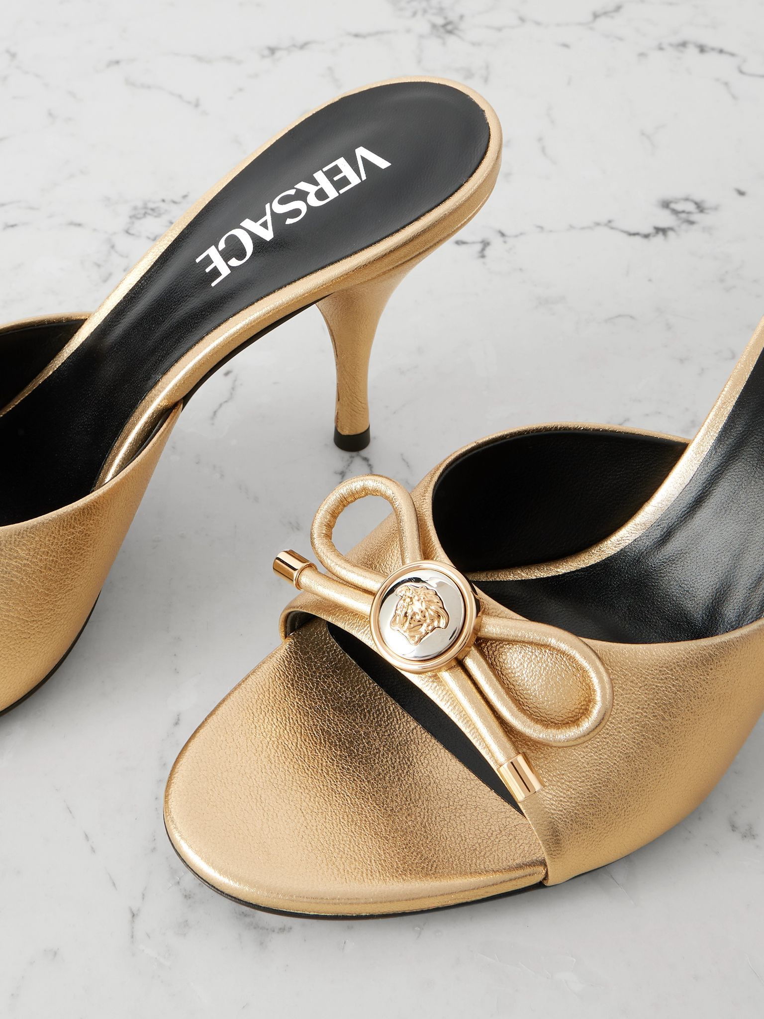 Opera embellished metallic textured-leather mules Gold - 4