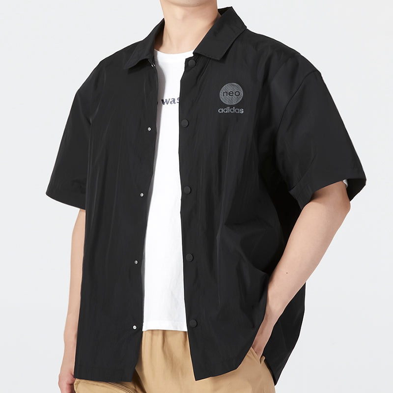 adidas neo Solid Color Alphabet Logo Printing Athleisure Casual Sports lapel Short Sleeve Shirt Blac - 4