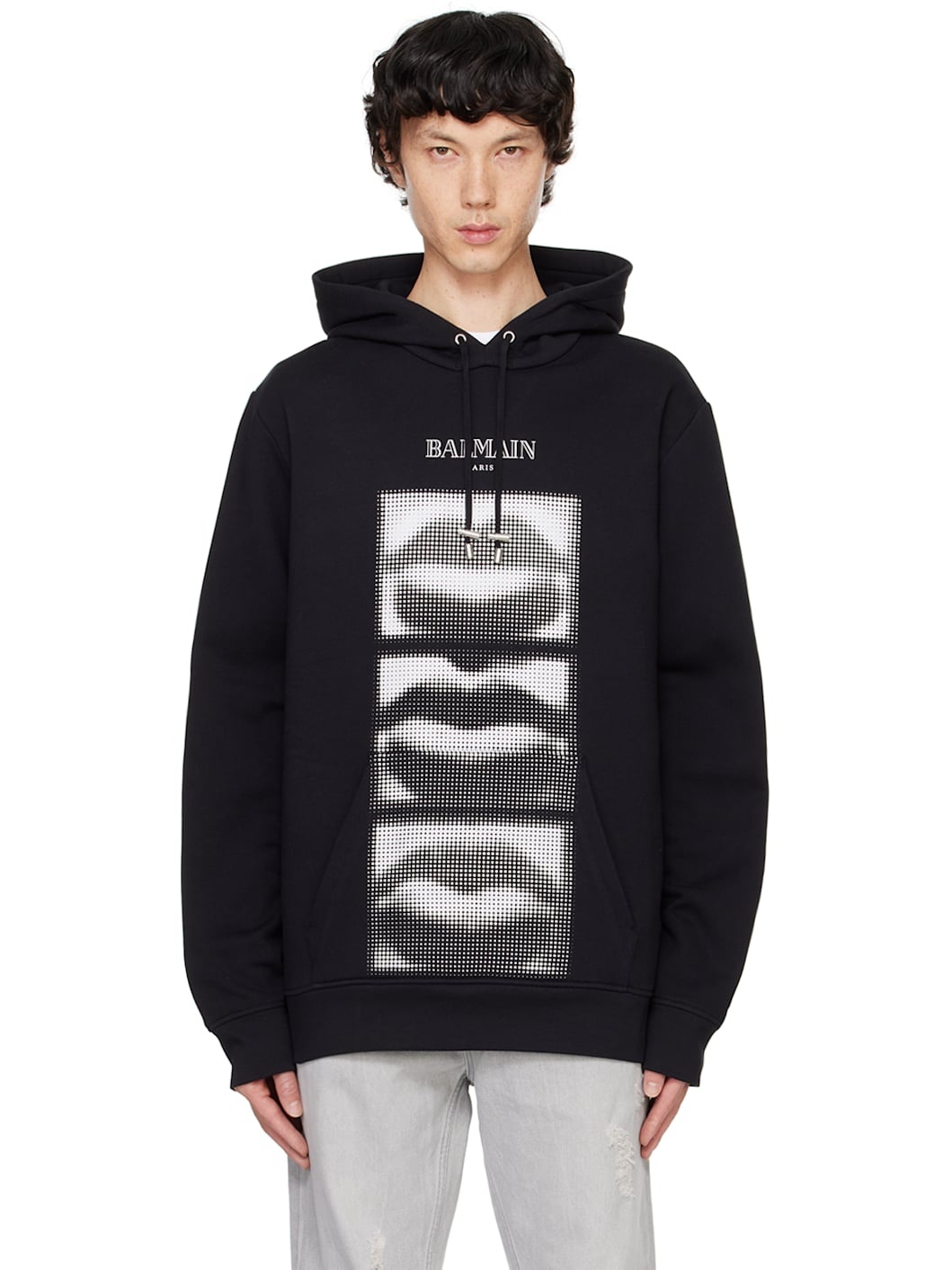 Black Vintage 'Balmain Lips' Print Hoodie - 1