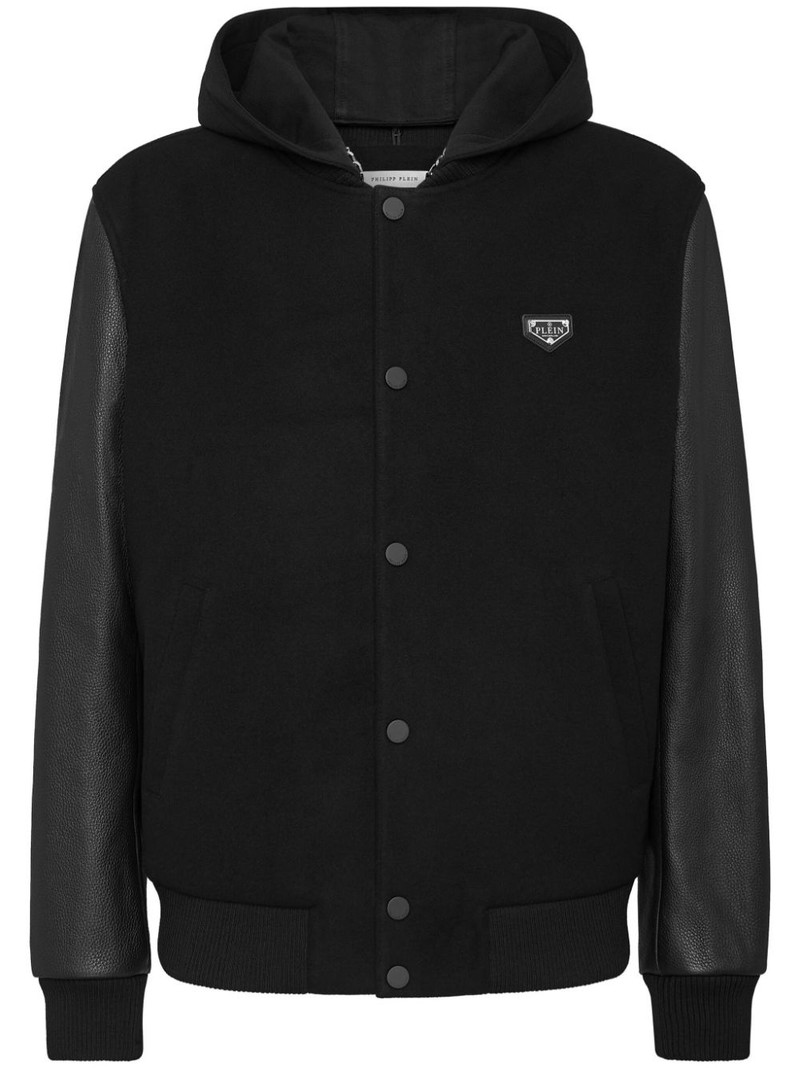 leather sleeves hooded bomber jacket 1