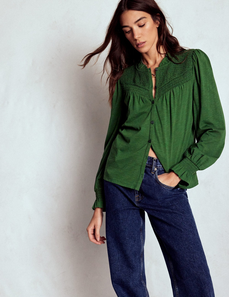 Smocked Yoke Jersey Shirt-Woodland Green 5