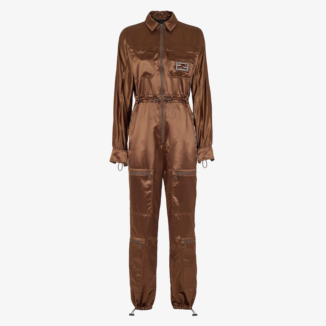 Cargo trouser jumpsuit with front zipper closure and four zipper pockets on the legs. Shirt collar w - 1