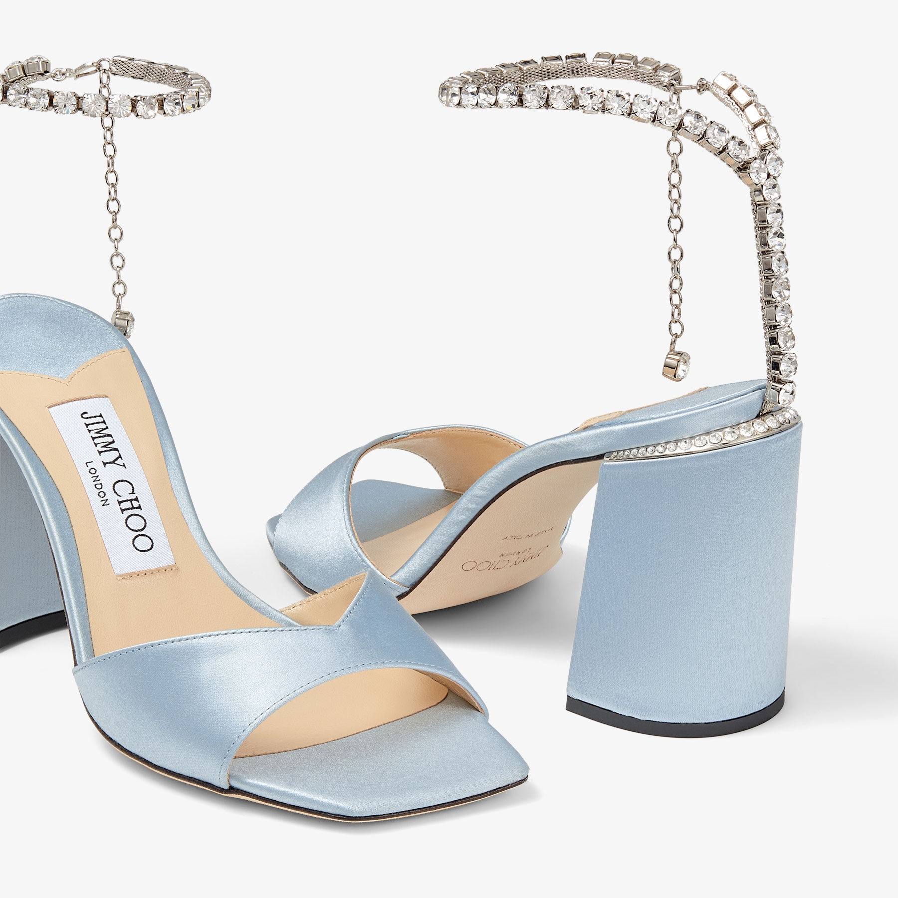 Saeda Sandal Block Heel 85
Ice Blue Satin Block Heel Sandals with Swarovski Crystal Chain - 3