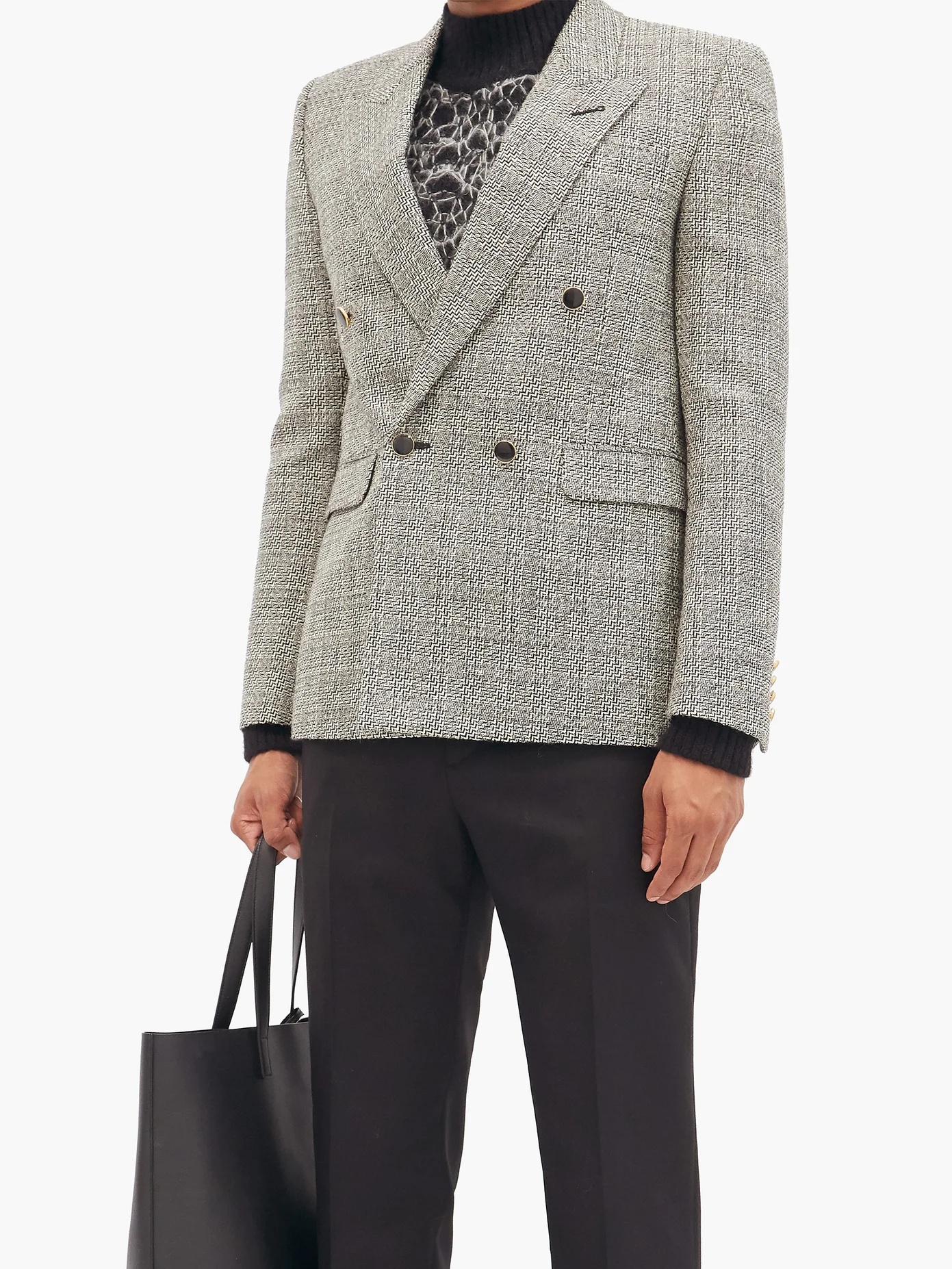 Chevron-check double-breasted wool-twill blazer - 6