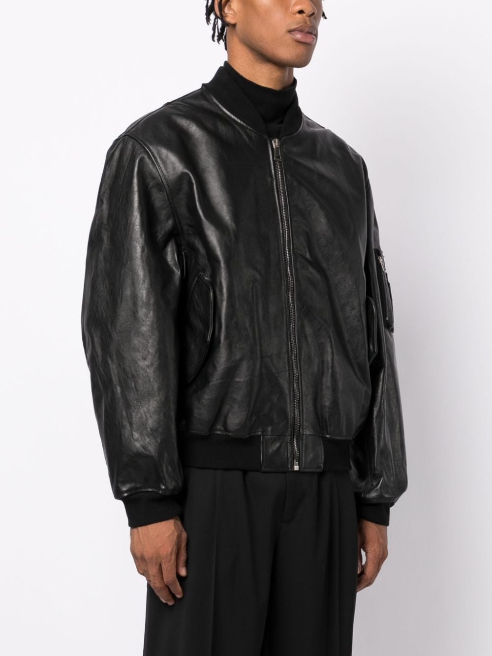 logo-patch leather bomber jacket - 3