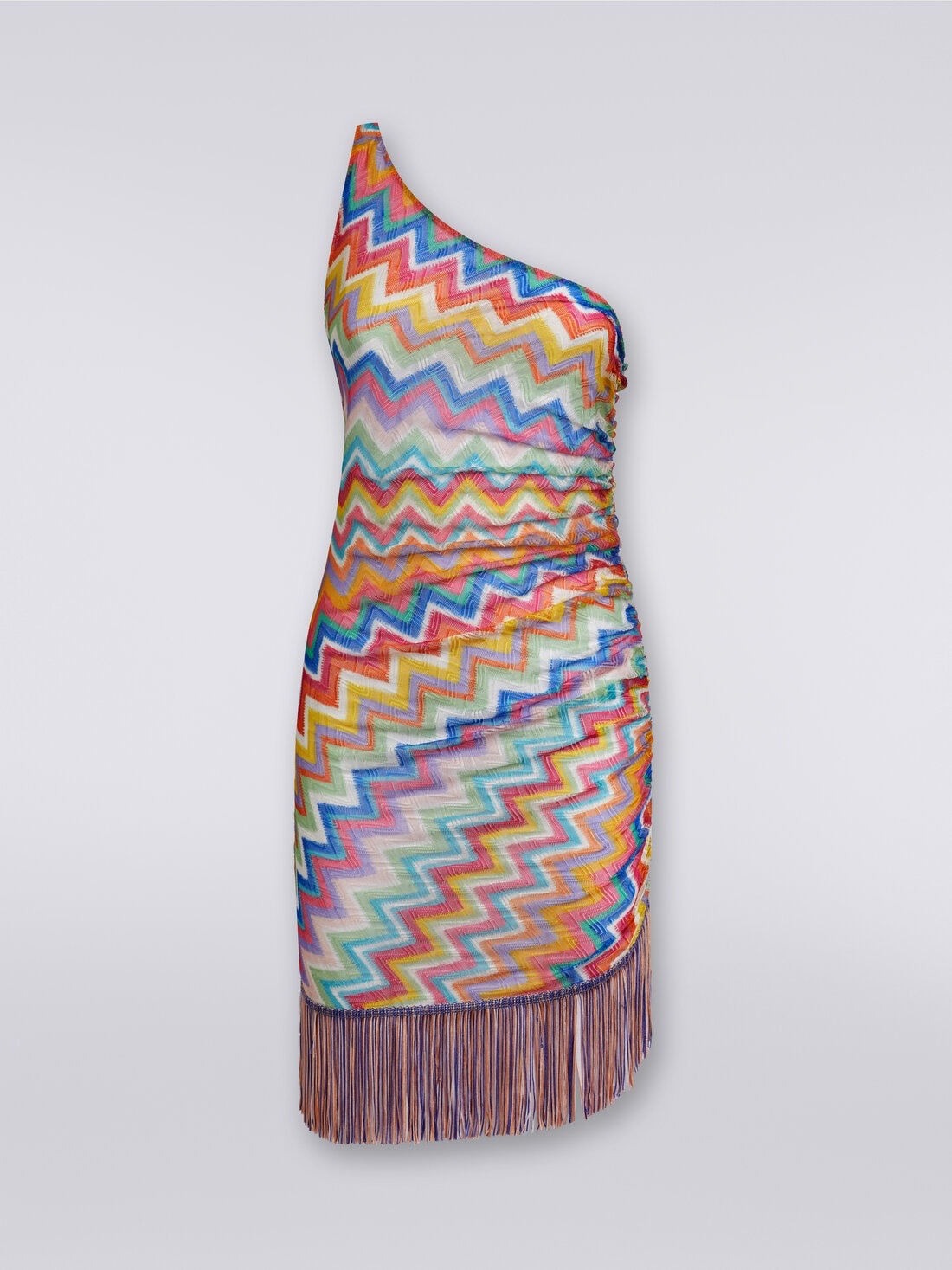 Short one-shoulder cover-up with fringes and side gathers - 1