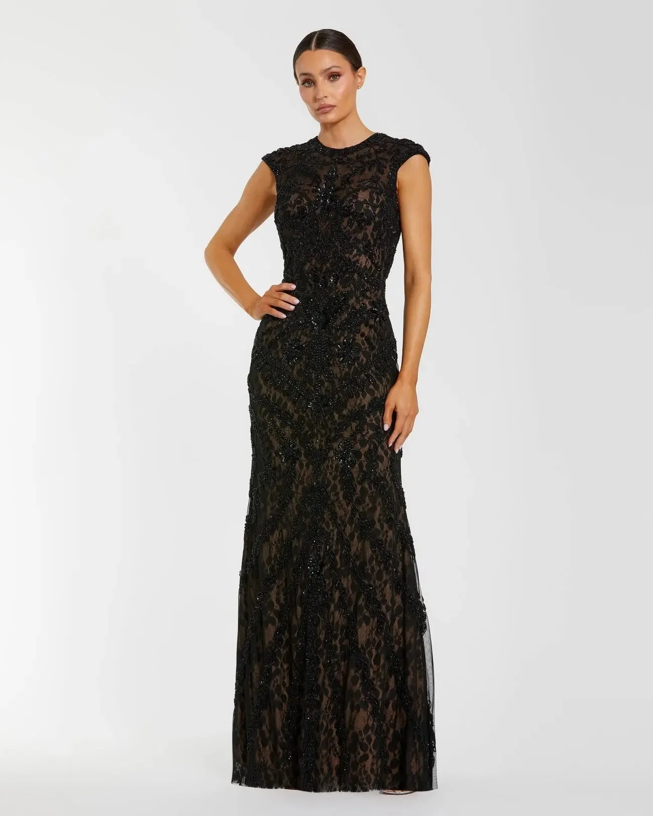 Black Nude Embellished Lace Cap Sleeve Evening Gown - 1