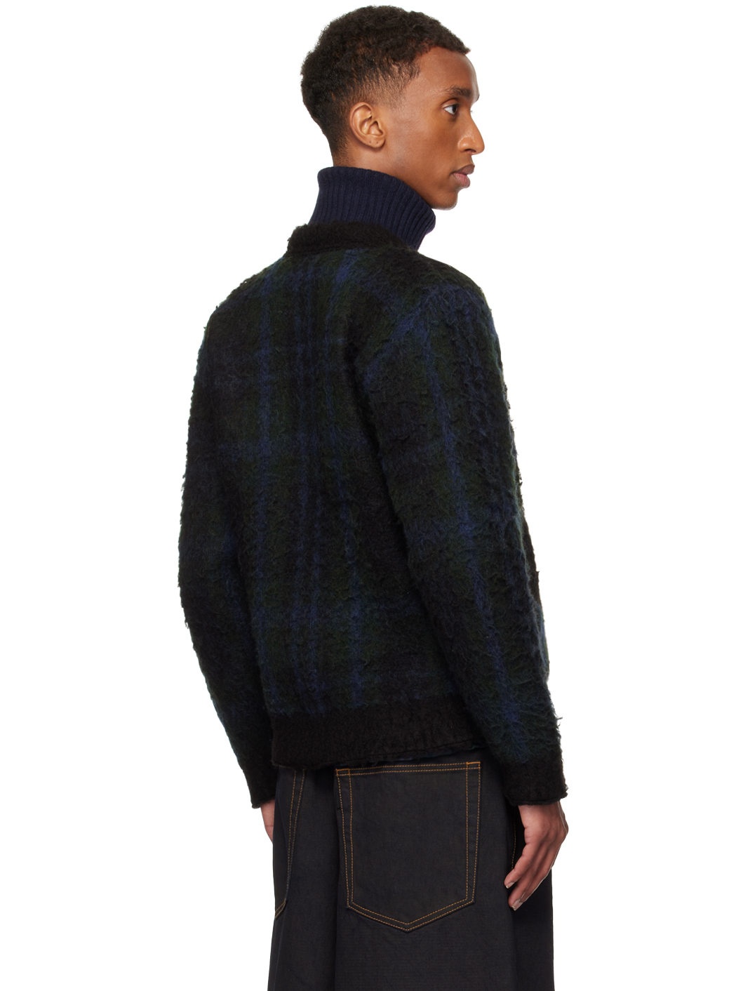 Black & Green Plaid Knit Cardigan - 3