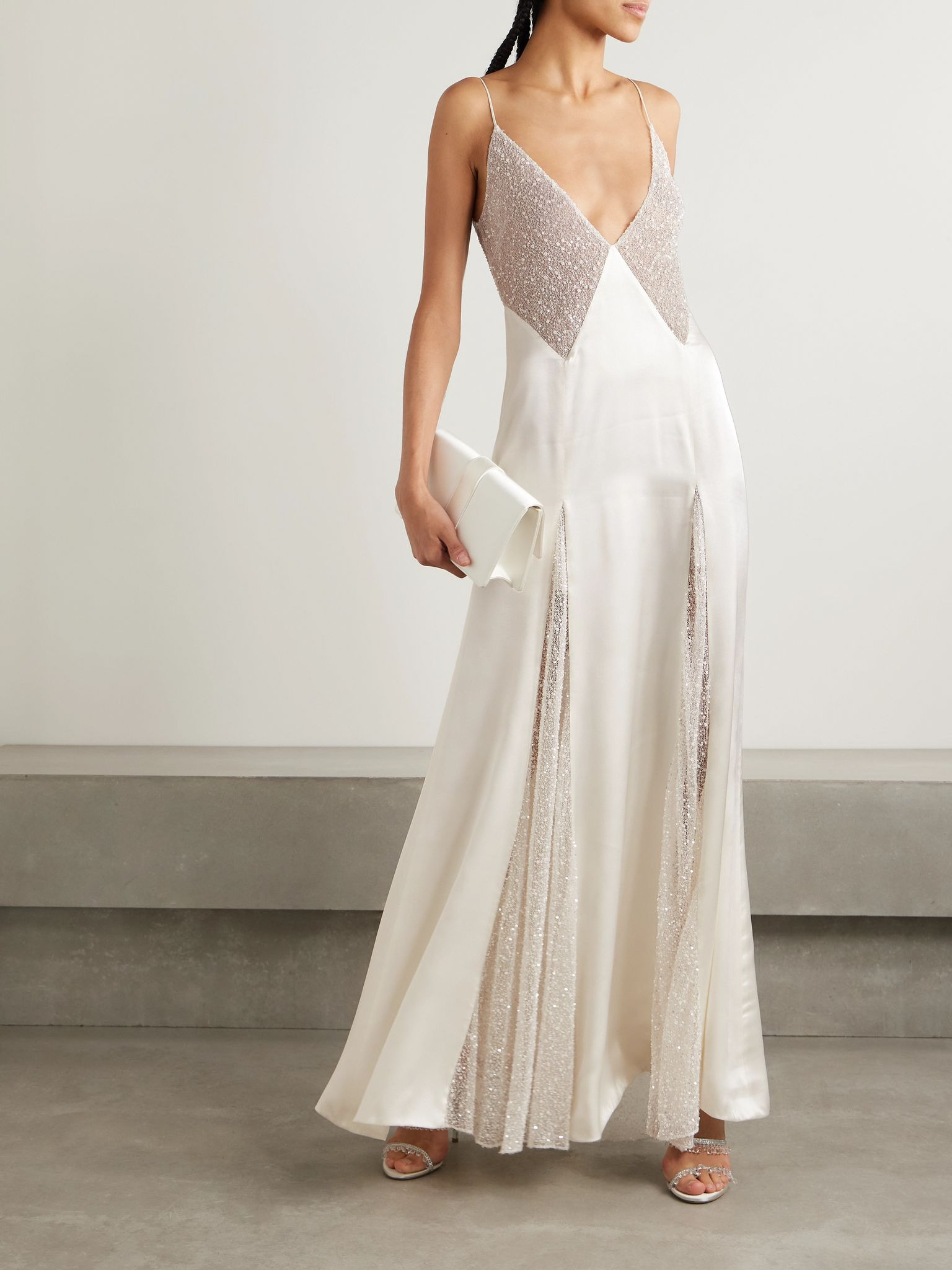 Ange paneled embellished Leavers lace and satin gown Ivory - 3