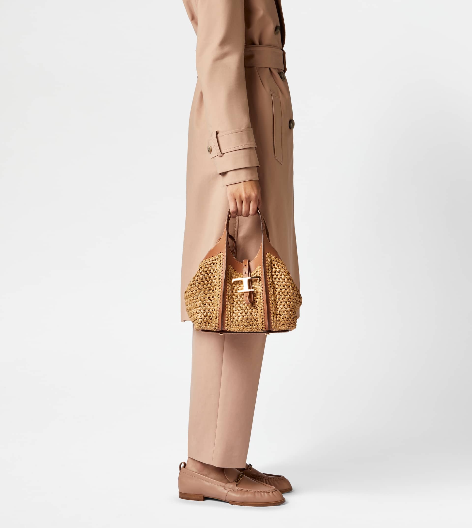 T TIMELESS SHOPPING BAG IN RAFFIA AND LEATHER MINI - BEIGE, BROWN - 6