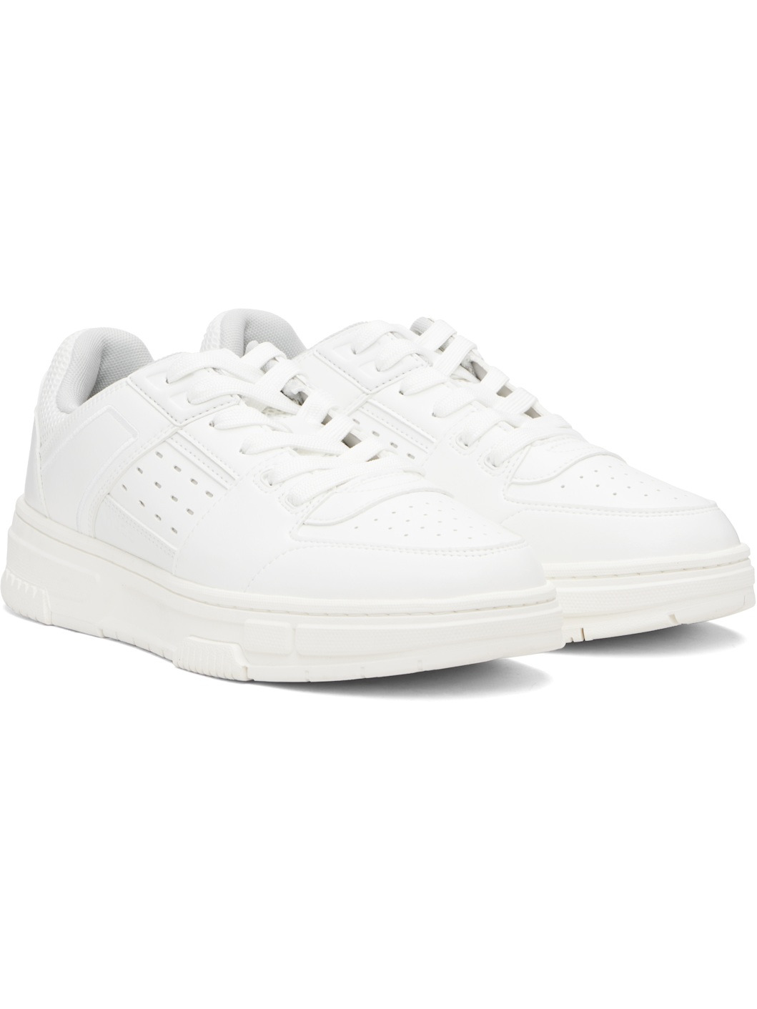 White Faux-Leather Mesh Trims Sneakers - 4