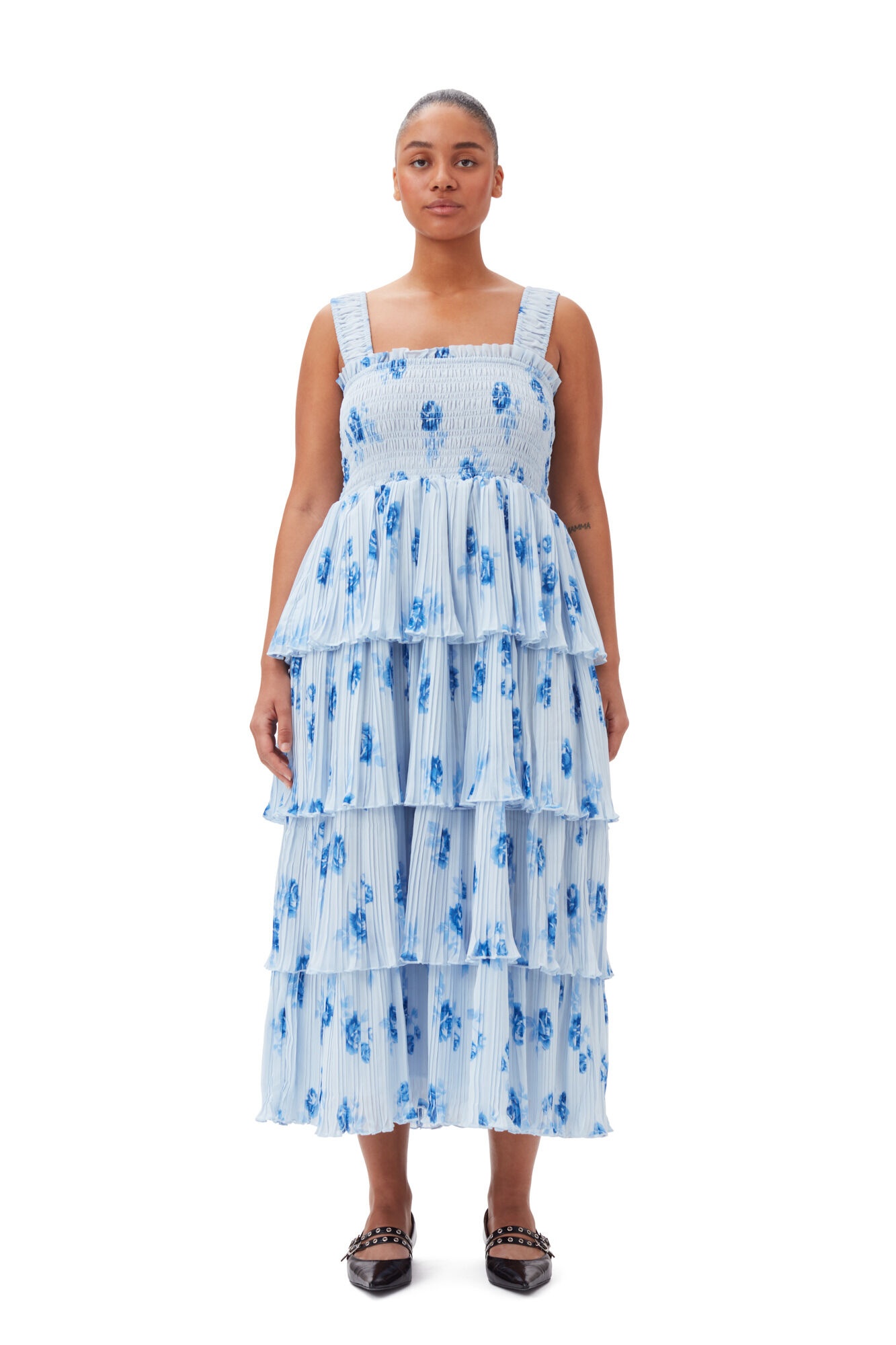 BLUE PLEATED GEORGETTE FLOUNCE SMOCK DRESS - 6