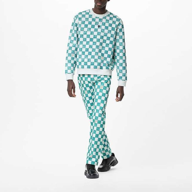 LOUIS VUITTON FW21 Grid Round Neck Long Sleeves Couple Style Blue White Colorblock 1A99VC - 2