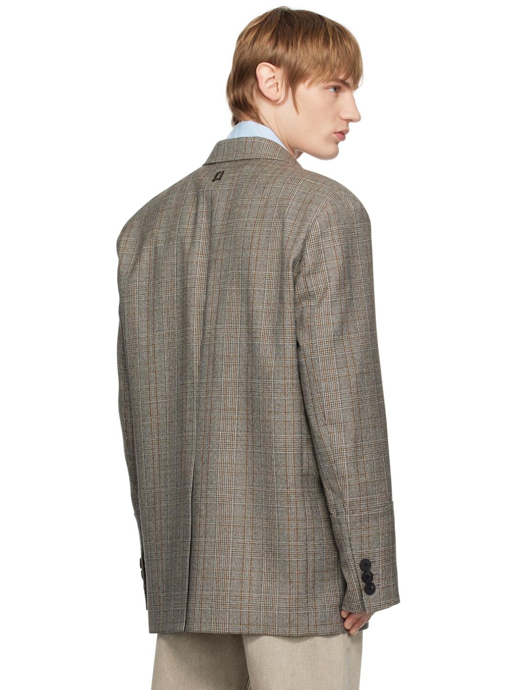 Gray Check Wool Single Blazer - 3