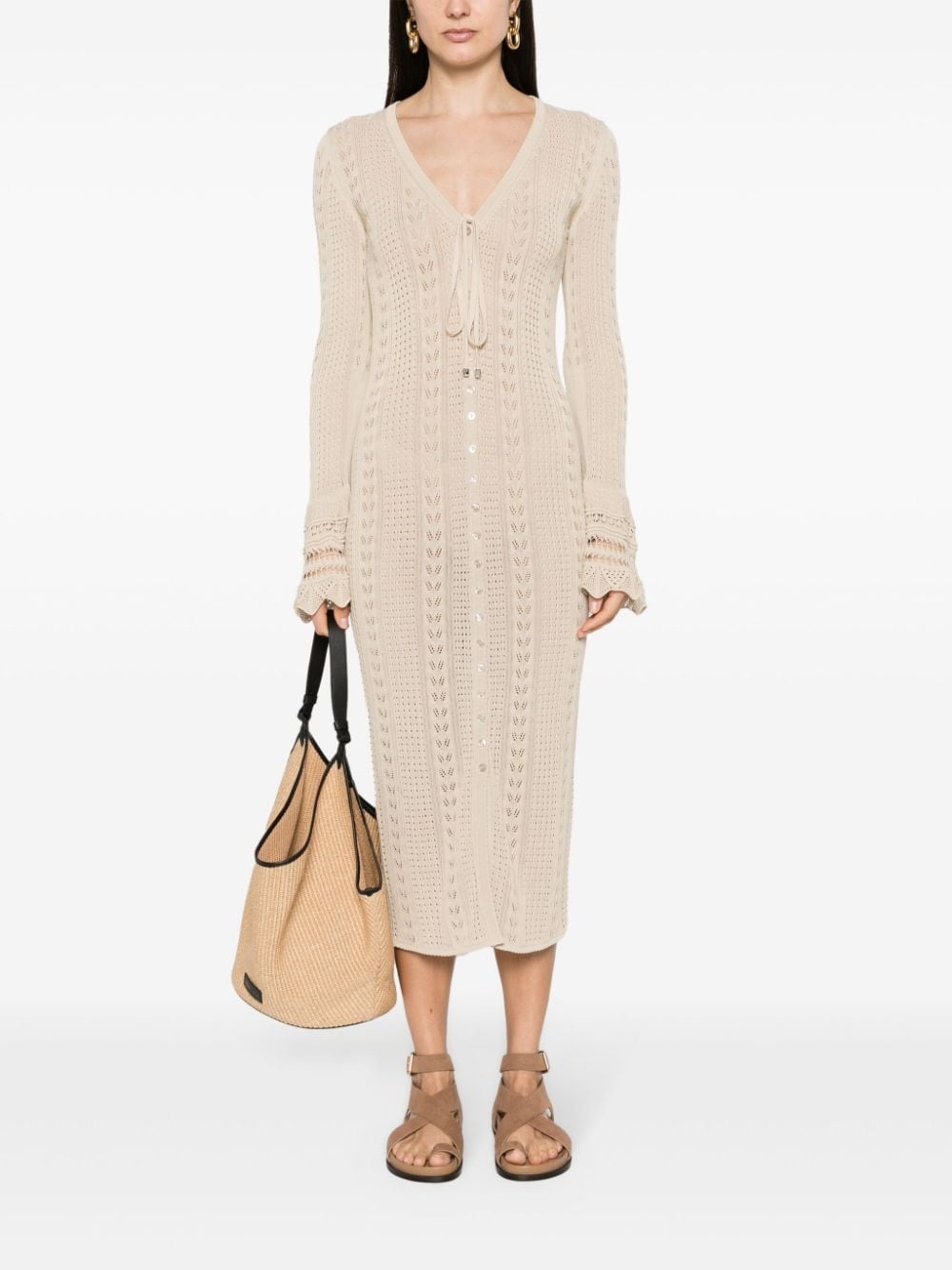 pointelle-knit V-neck midi dress - 2