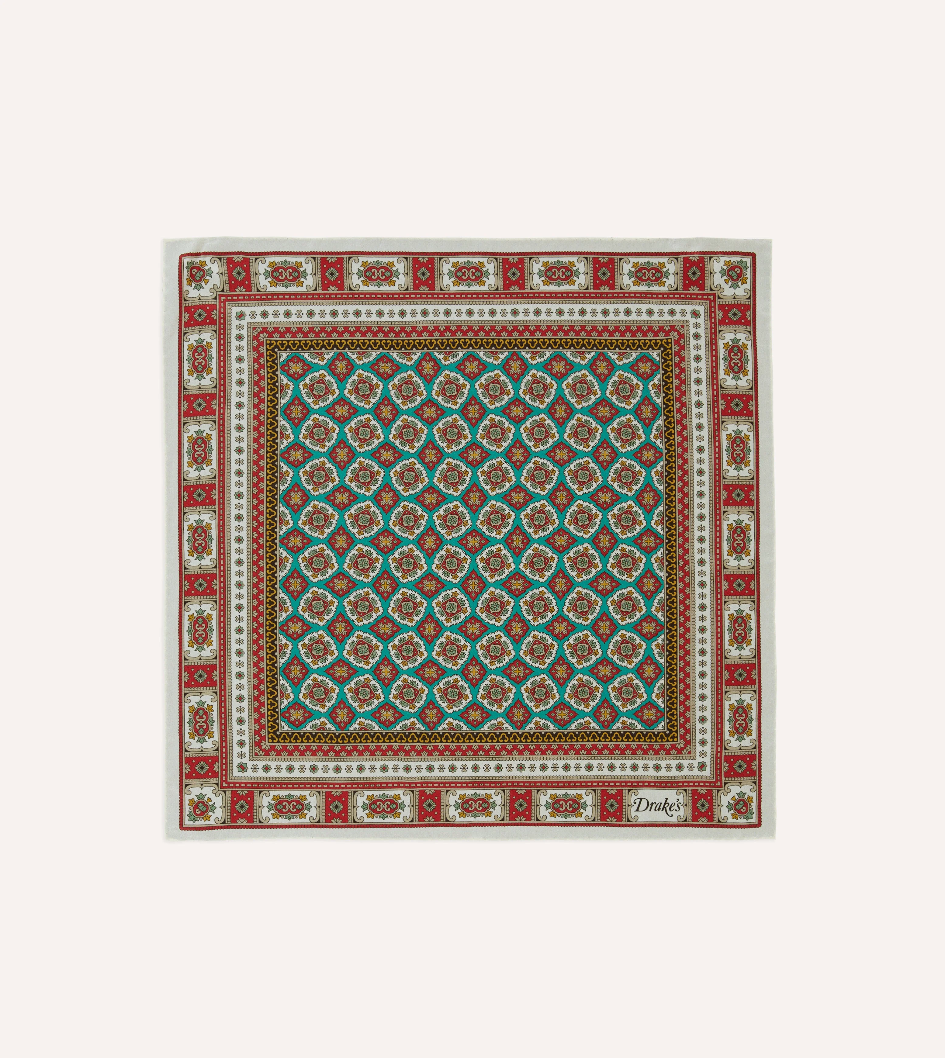 Ecru, Red and Gold Floral Medallion Print Silk Pocket Square - 1