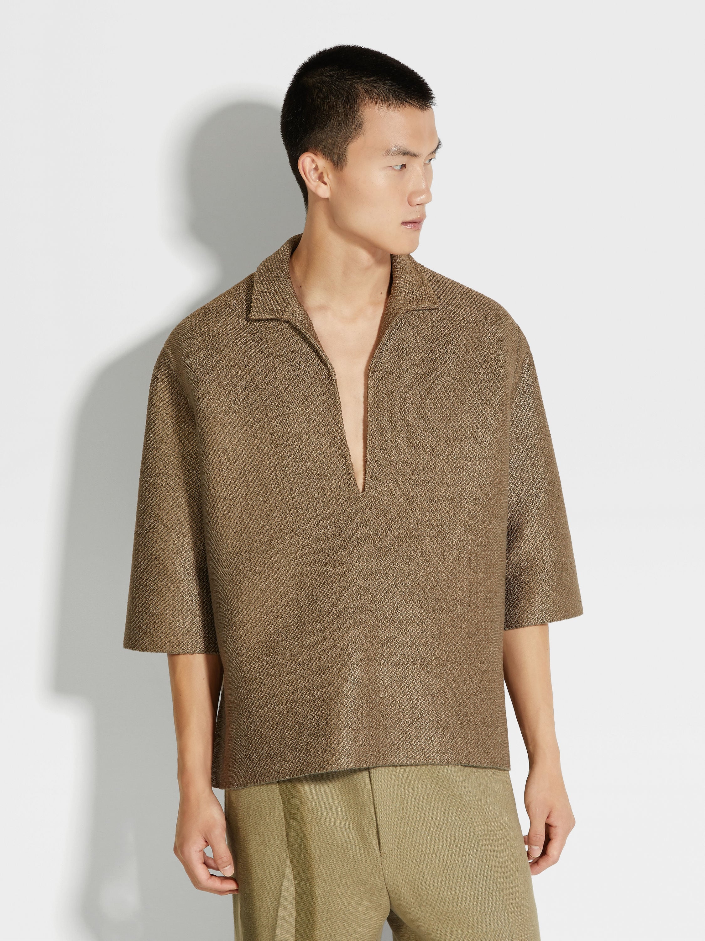 ZEGNA DARK TAUPE SILK AND LINEN POLO SHIRT | REVERSIBLE