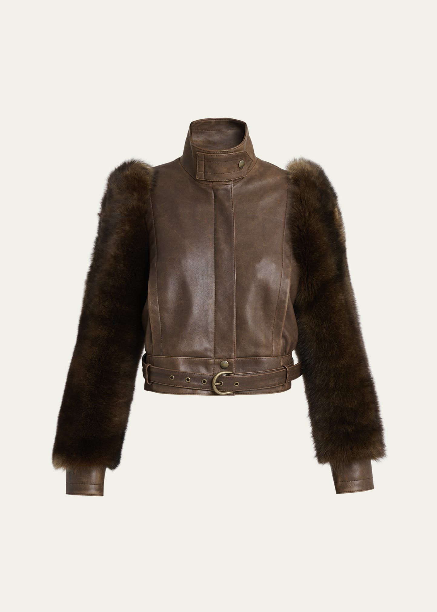 Faux Fur Sleeves Leather Bomber Jacket - 1