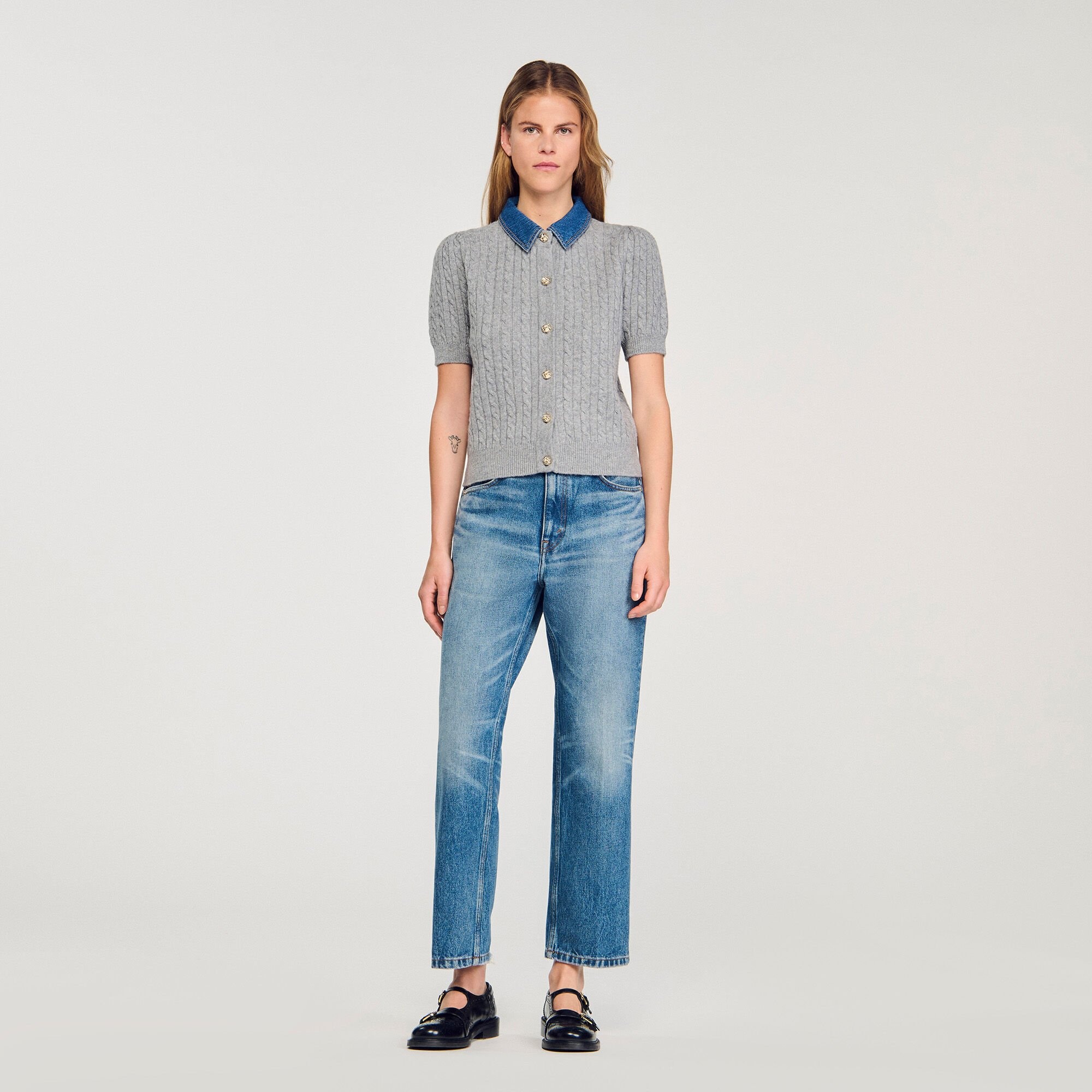 CARDIGAN WITH DENIM COLLAR - 2