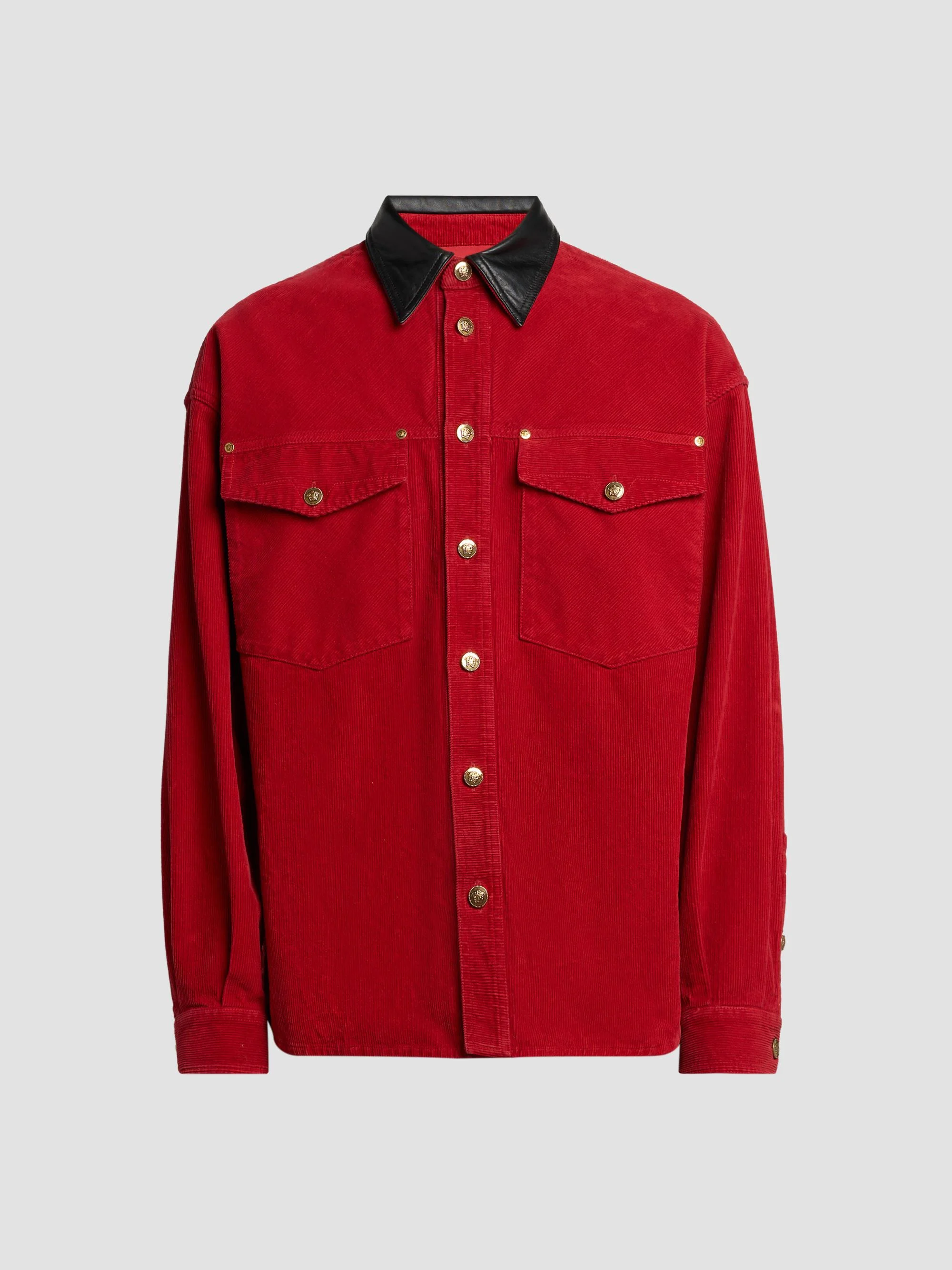 Men's Contrast Collar Cotton Corduroy Shirt - Red - 1