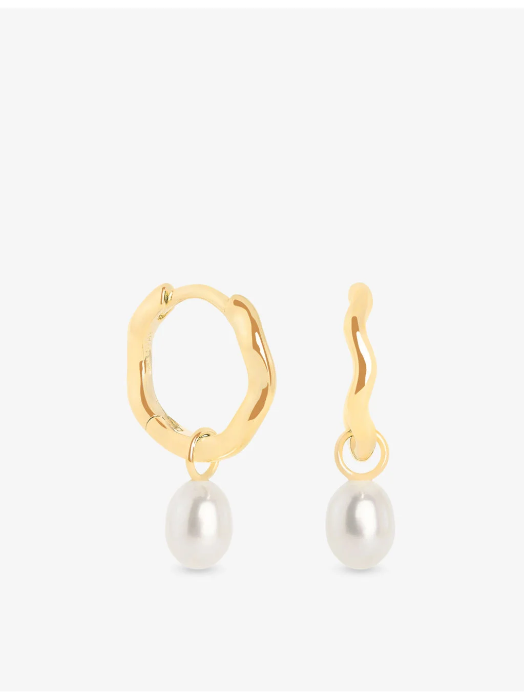 Wave 14ct Gold and Cultured Pearl Charm Huggie Drop Earrings - 1