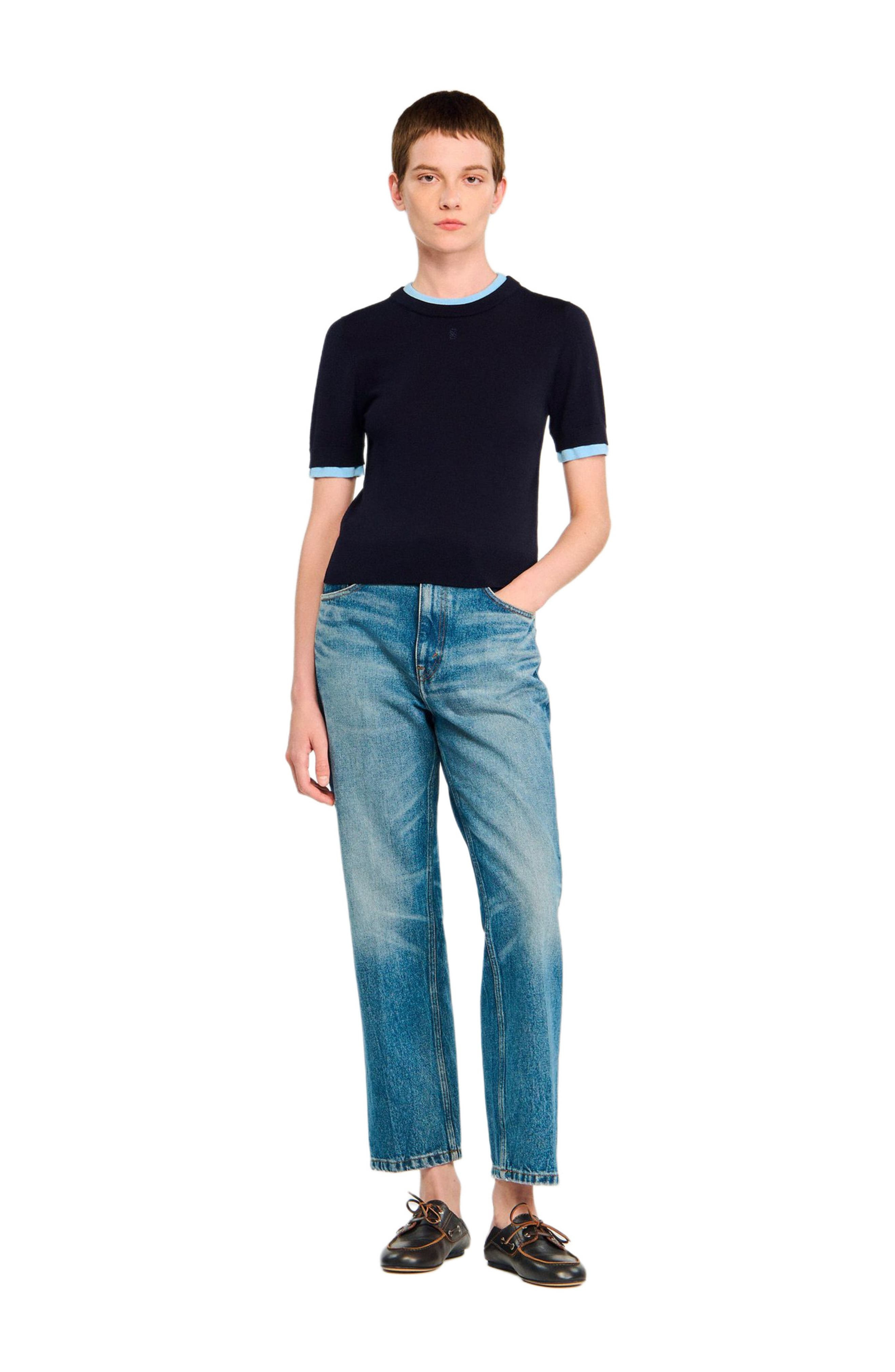 SANDRO Two-tone cropped sweater in Navy Blue at Nordstrom - 6
