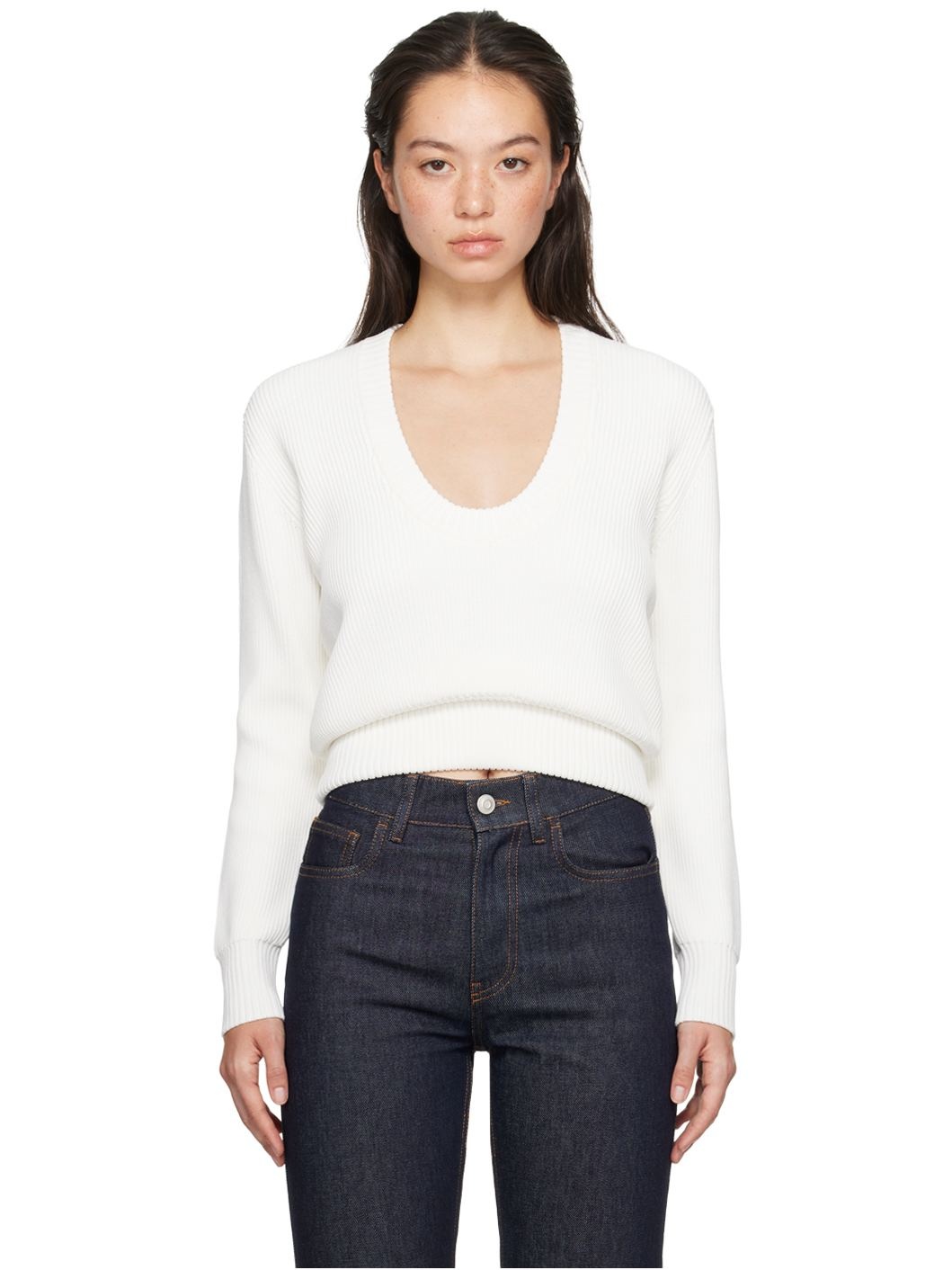 White Knitted Long Sleeved Sweater - 1