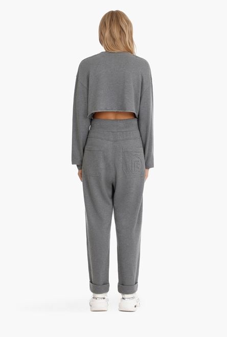 Cropped heather gray sweatshirt with embossed Balmain logo - 3