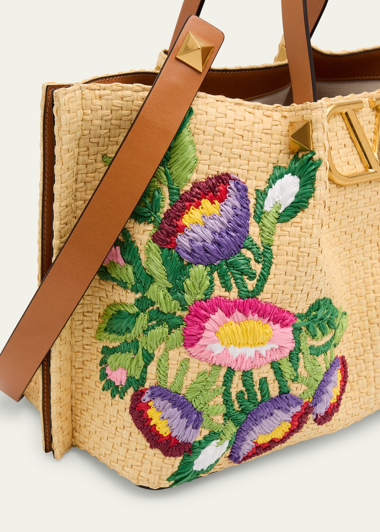 Floral Embroidered Raffia Medium Shopping Tote Bag - 5