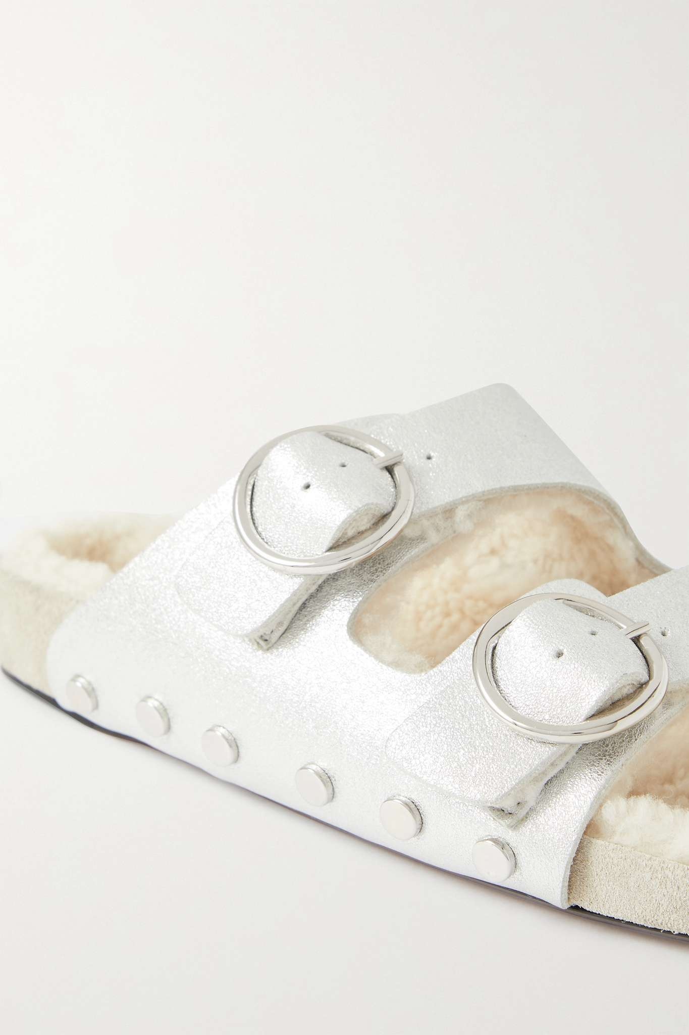 Lennyo shearling-lined studded metallic leather sandals - 4