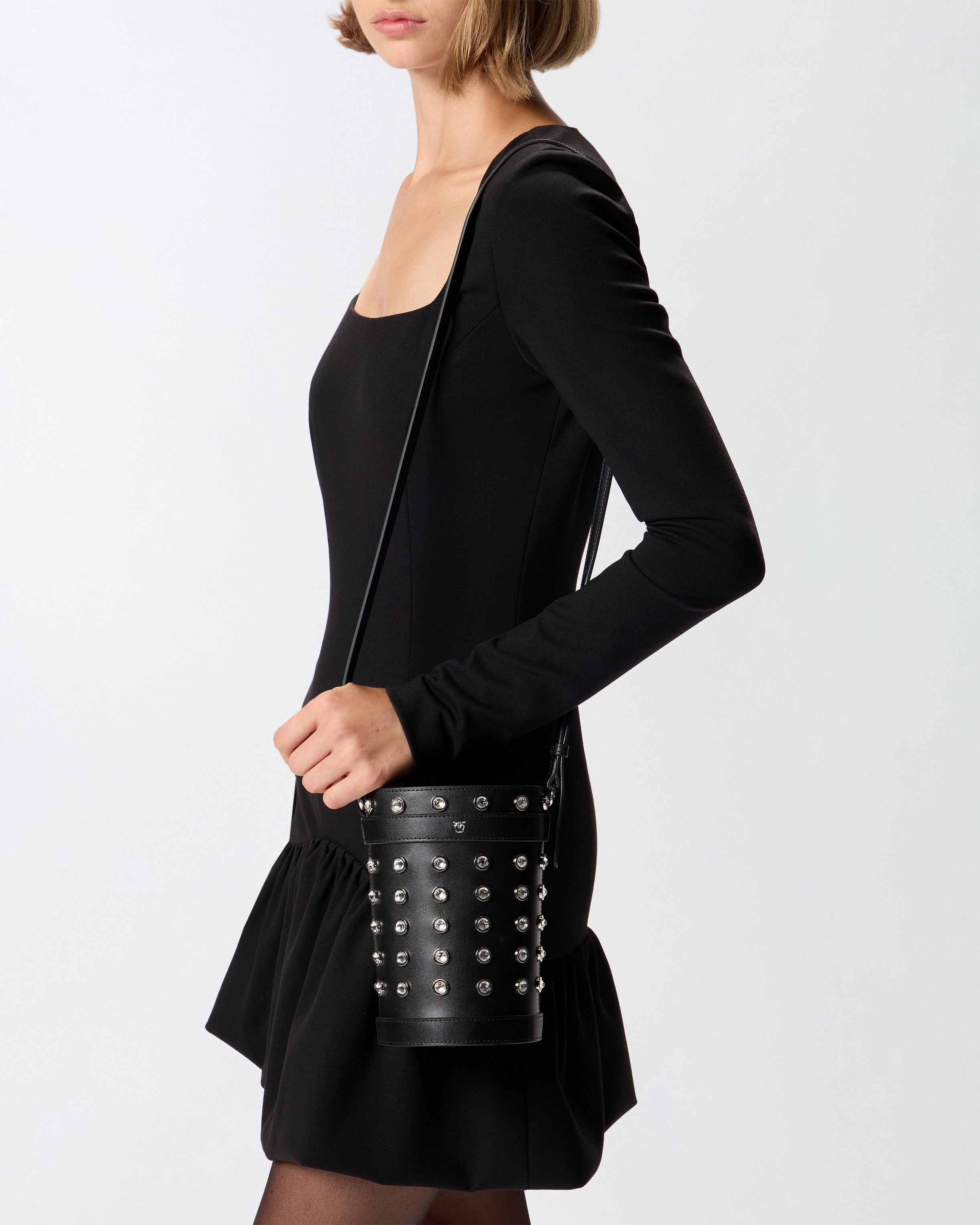 SMALL LEATHER BUCKET BAG WITH RHINESTONES - 5