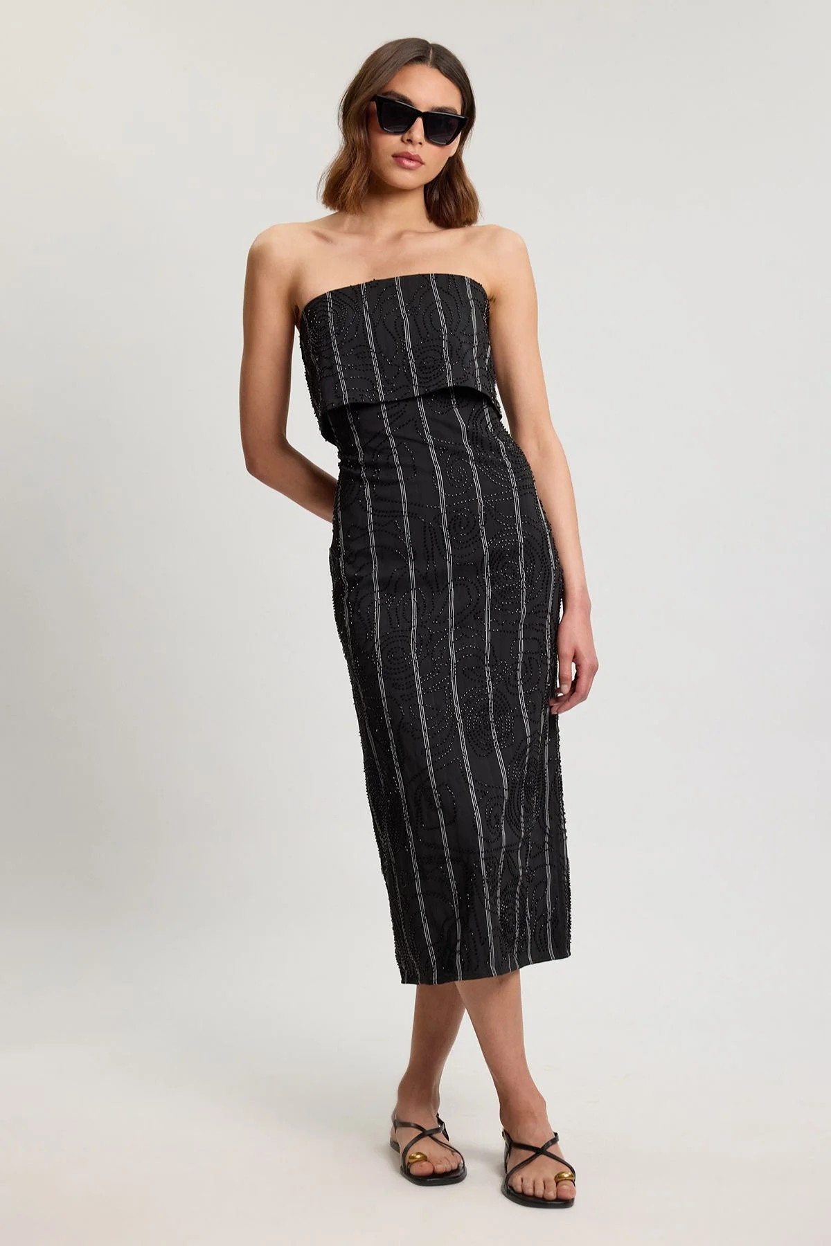 Textured Pinstripe Bandeau Tailored Midi Dress - 1