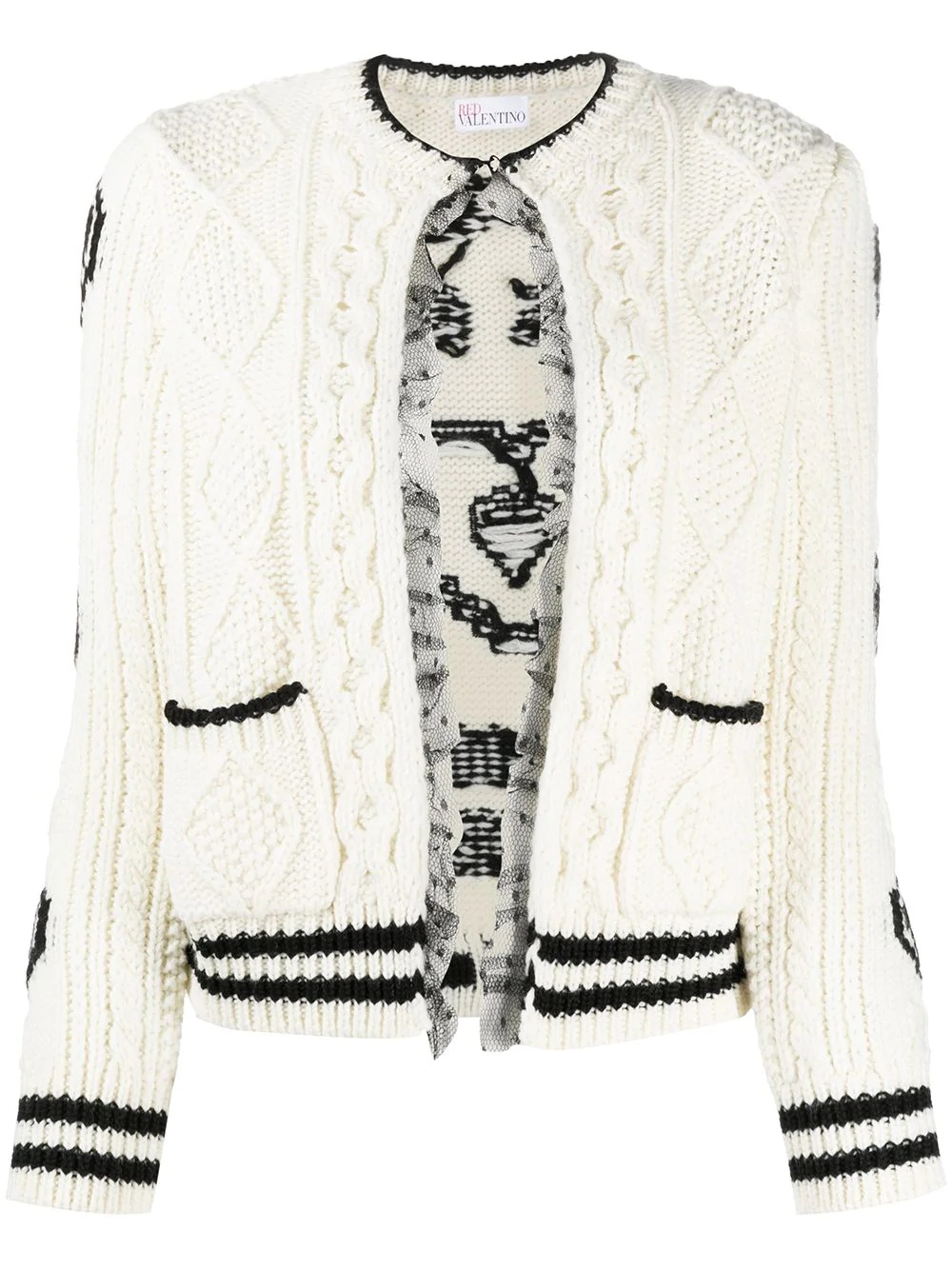 jacquard slogan cable knit cardigan - 1