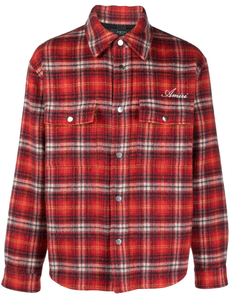 logo-embroidered plaid wool-blend overshirt 1