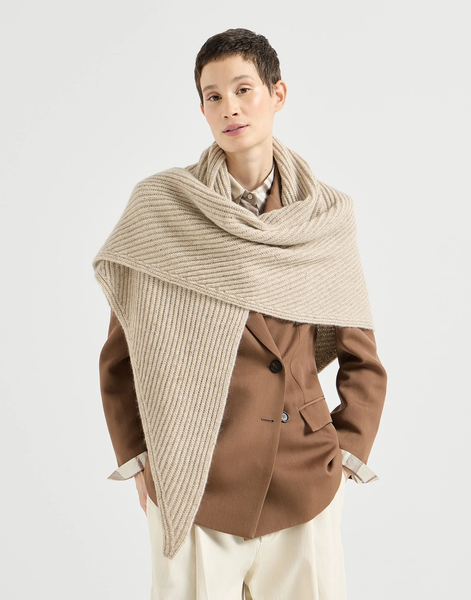 Sparkling cashmere, wool and mohair rib knit shawl - 1
