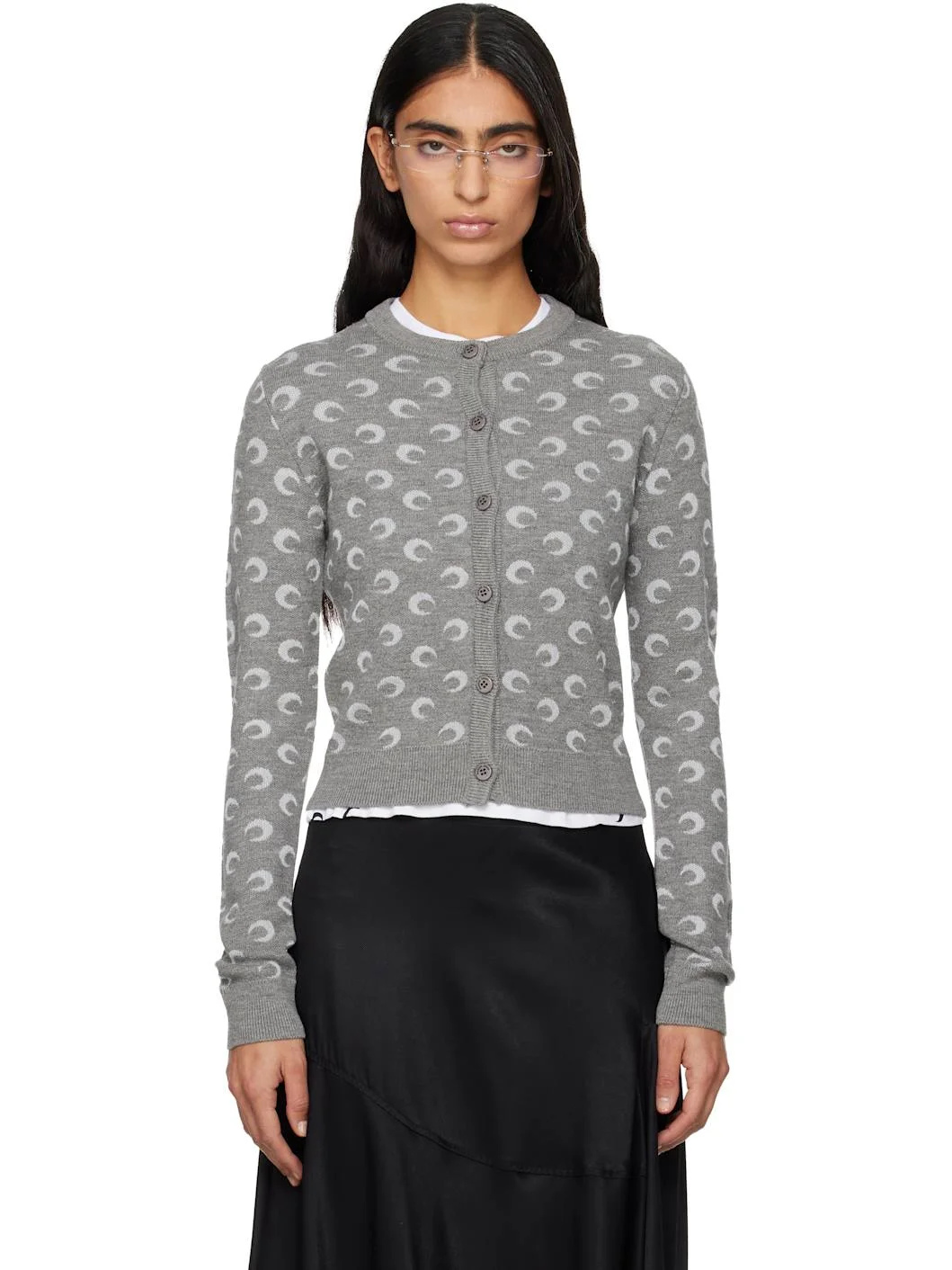 Gray Moon Jacquard Knit Fitted Cardigan - 1