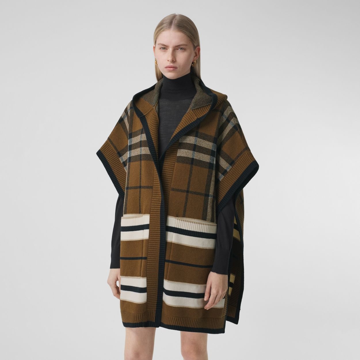 Check Wool Cashmere Blend Hooded Cape - 5