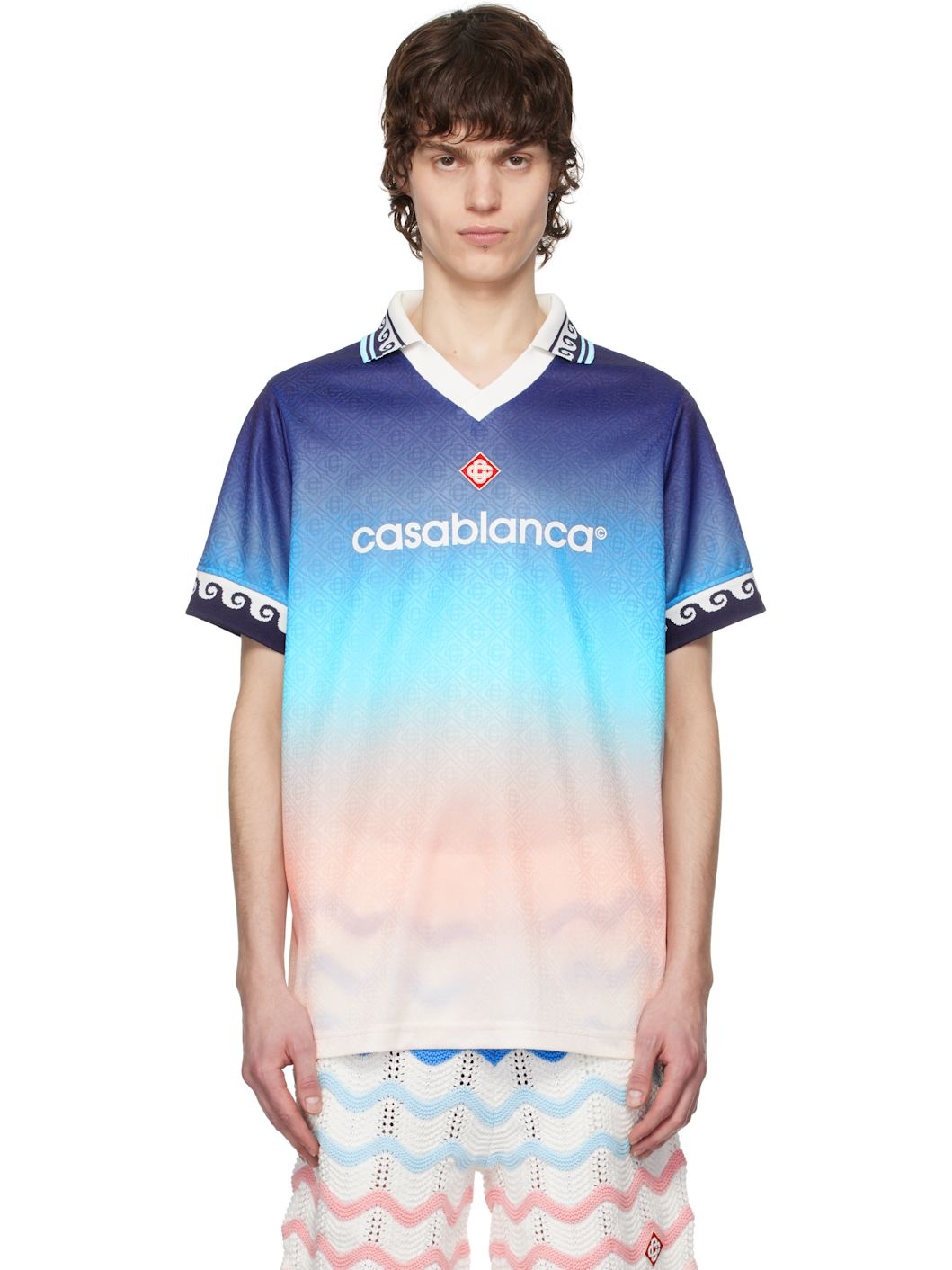 Blue Jacquard Gradient Football Polo - 1
