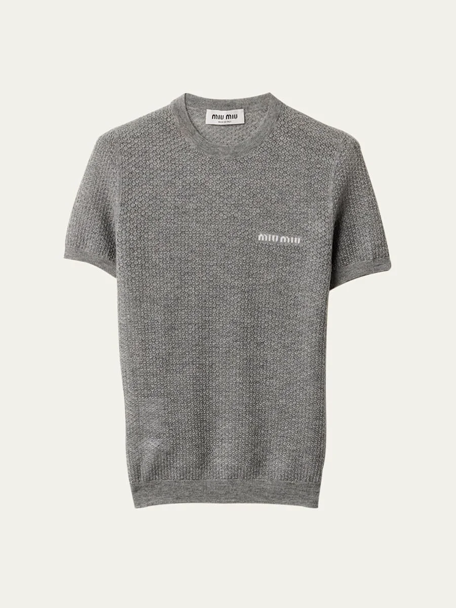 Cashmere Lacy Short-Sleeve Sweater - 1