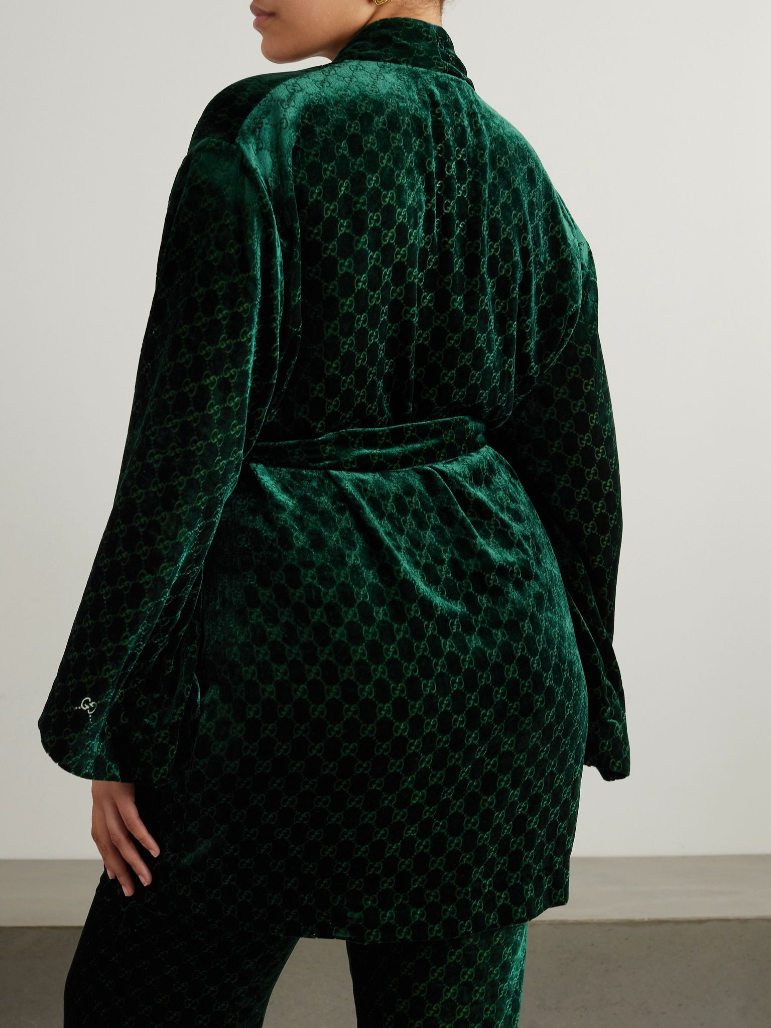Belted devoré-velvet robe Dark green - 4