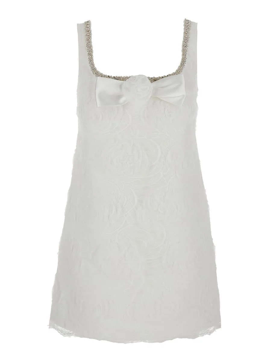 Self-Portrait White Mini Dress With Square Neck And Bow Detail On The Front In Tech Fabric Woman - 1