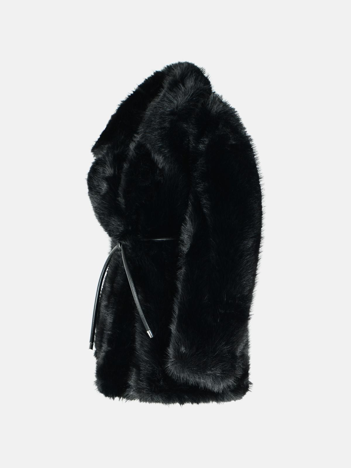 'ROSARIA' BLACK FAUX FUR BELTED JACKET - 2