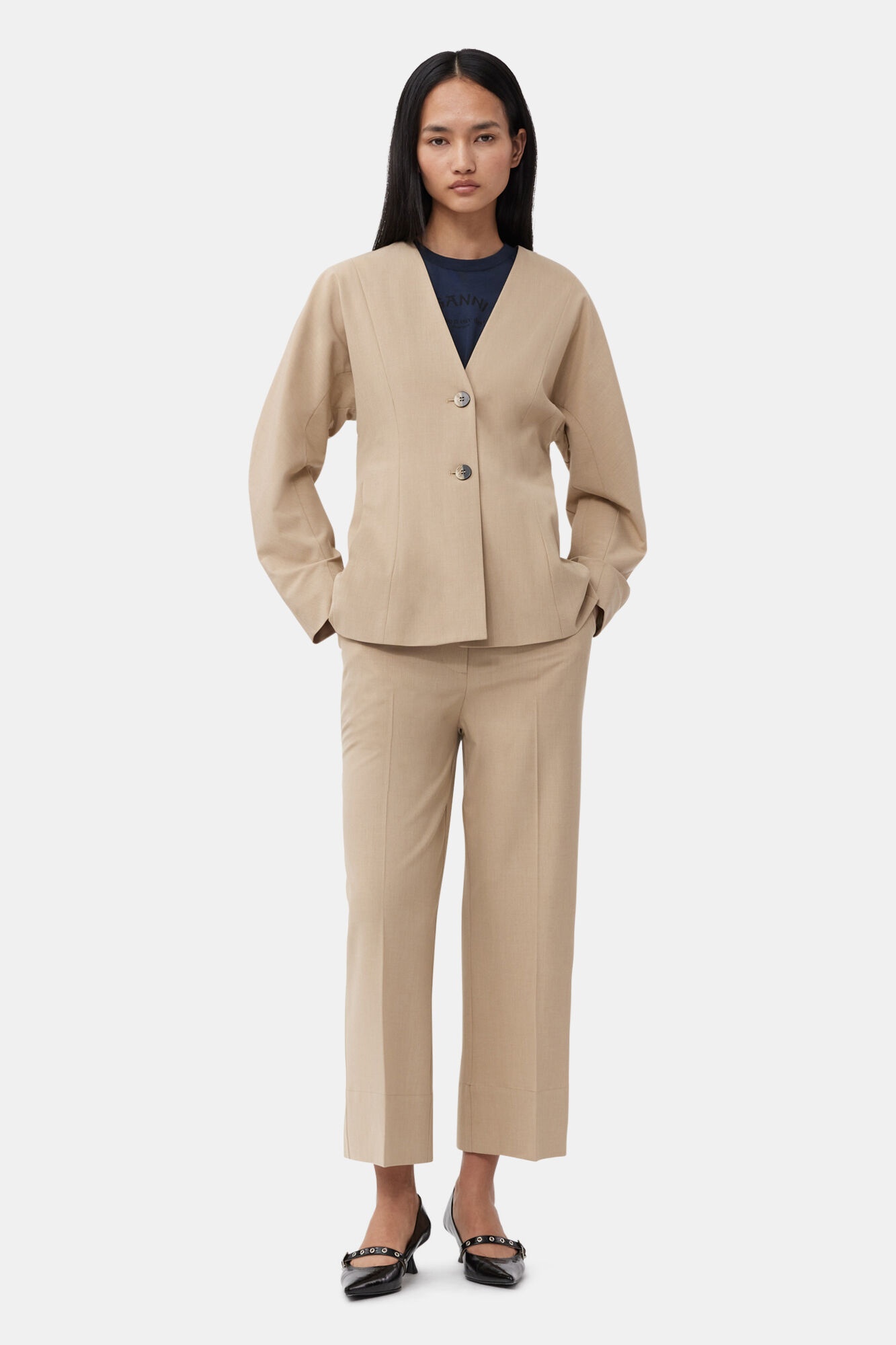 BEIGE FITTED DRAPEY MELANGE BLAZER - 3