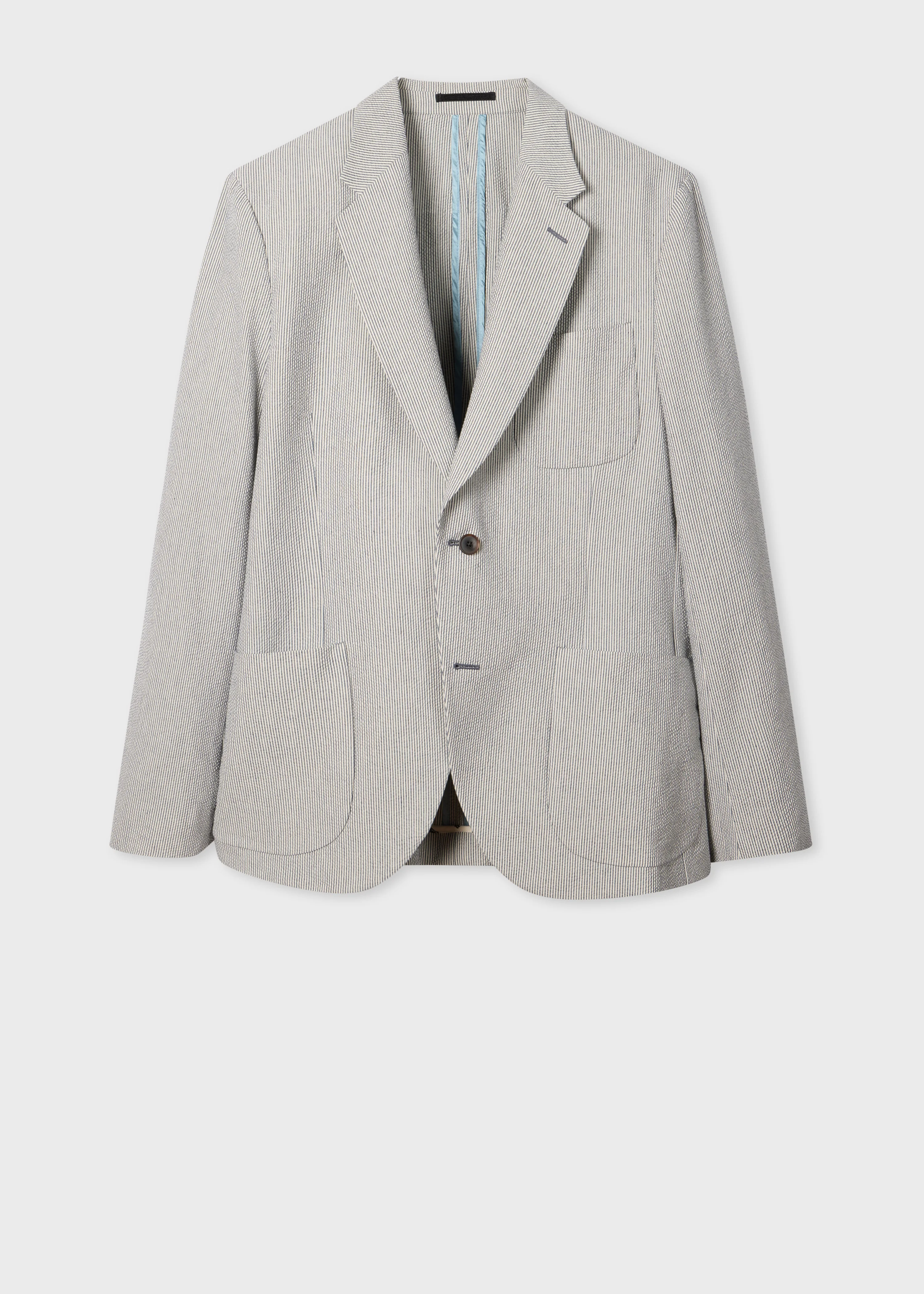 Blue and Ecru Cotton-Blend Seersucker Stripe Blazer - 1