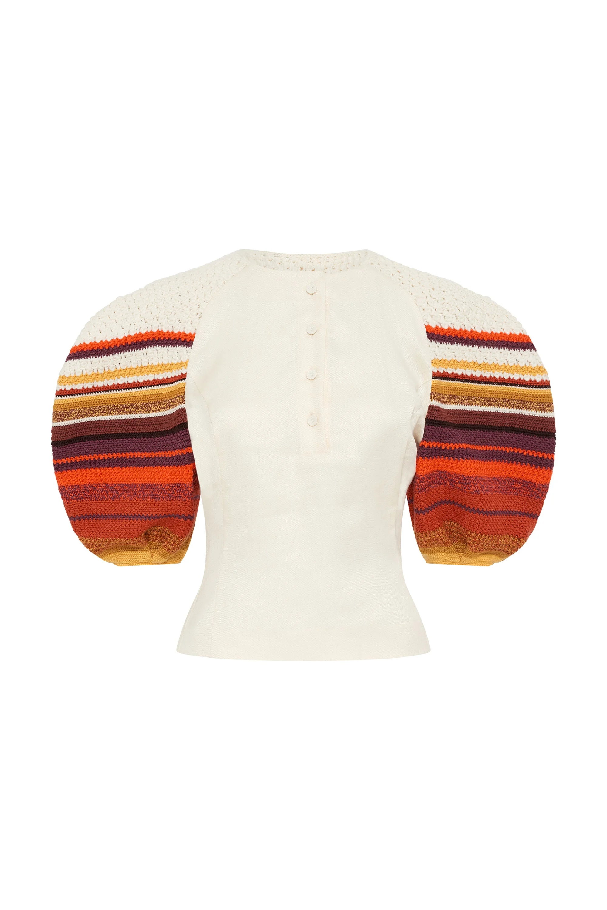 Elira Crochet Puff Sleeve Top in Ivory Textured Linen Slub - 1