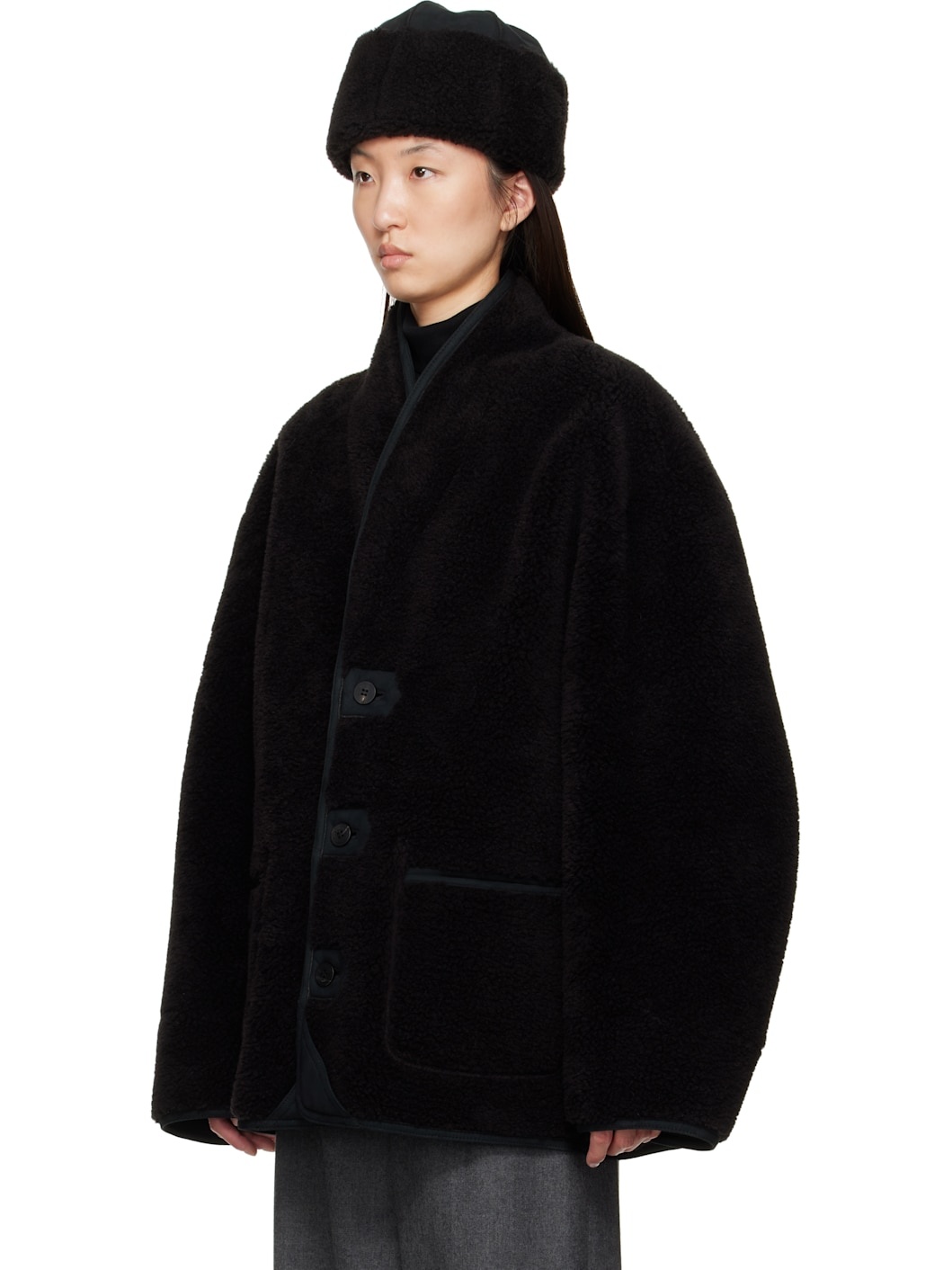 Black Shawl Collar Faux-Shearling Jacket - 4