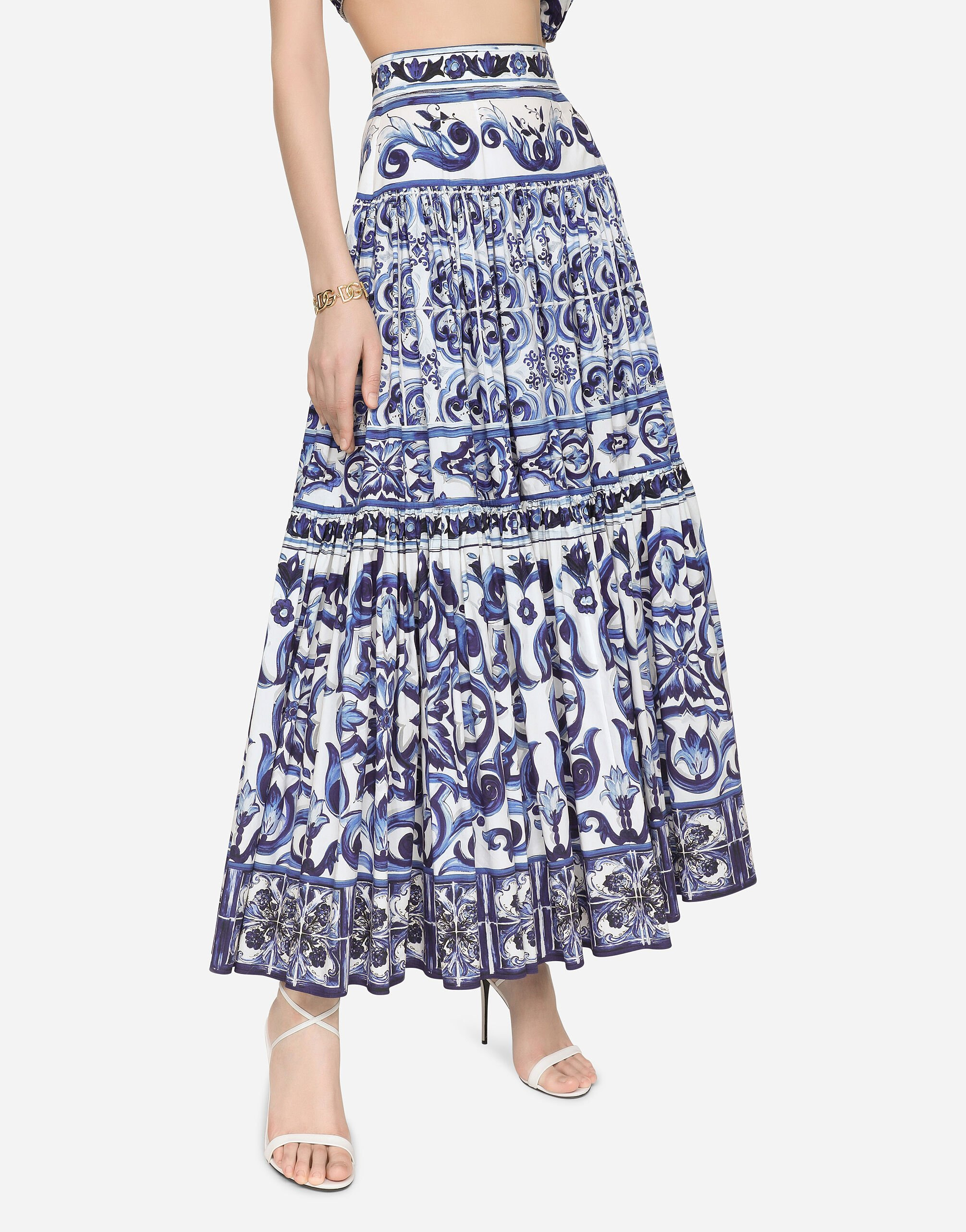 Long majolica-print poplin skirt - 4
